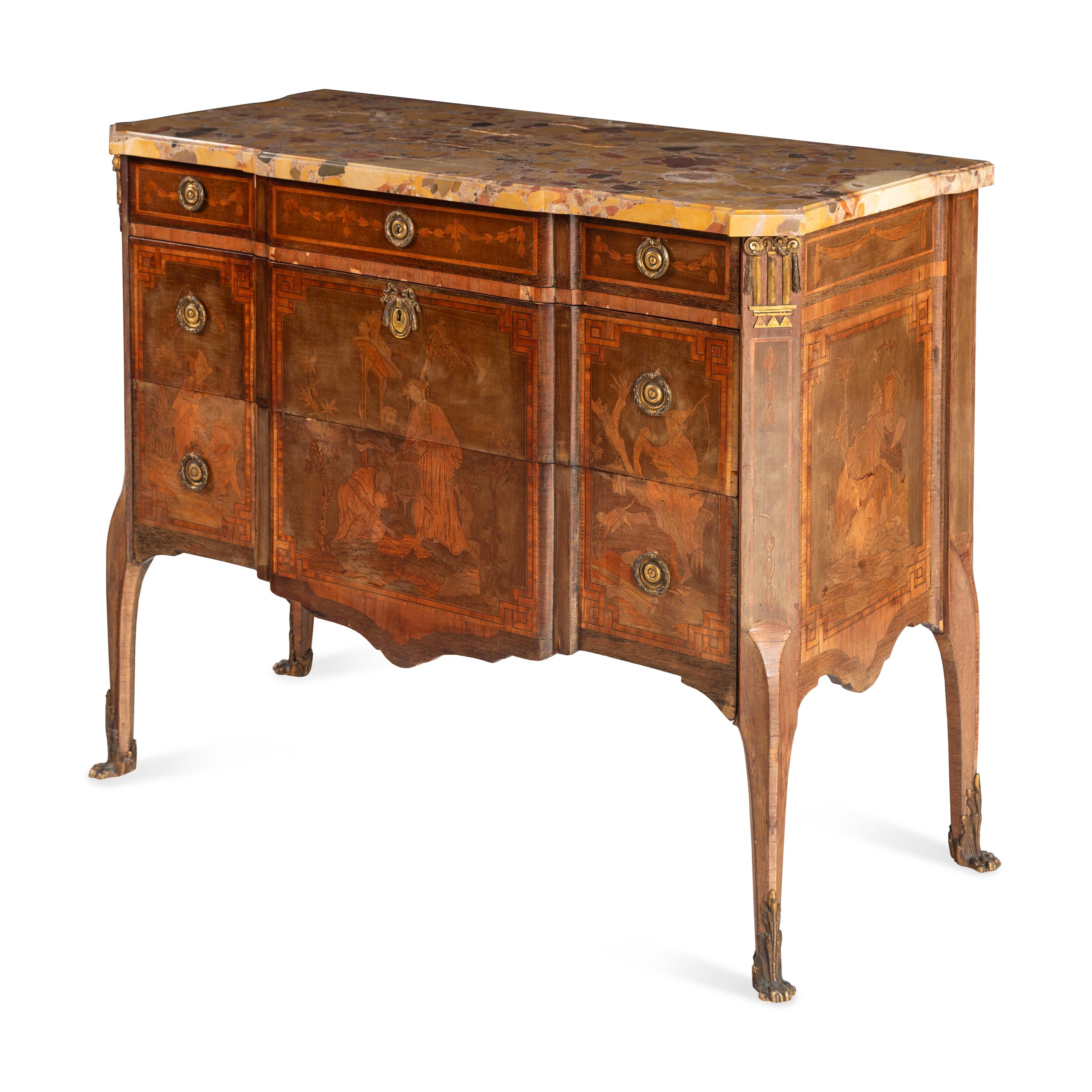 A Louis XV/XVI Transitional Style Gilt Bronze Mounted Marquetry and Marble-Top Commode
