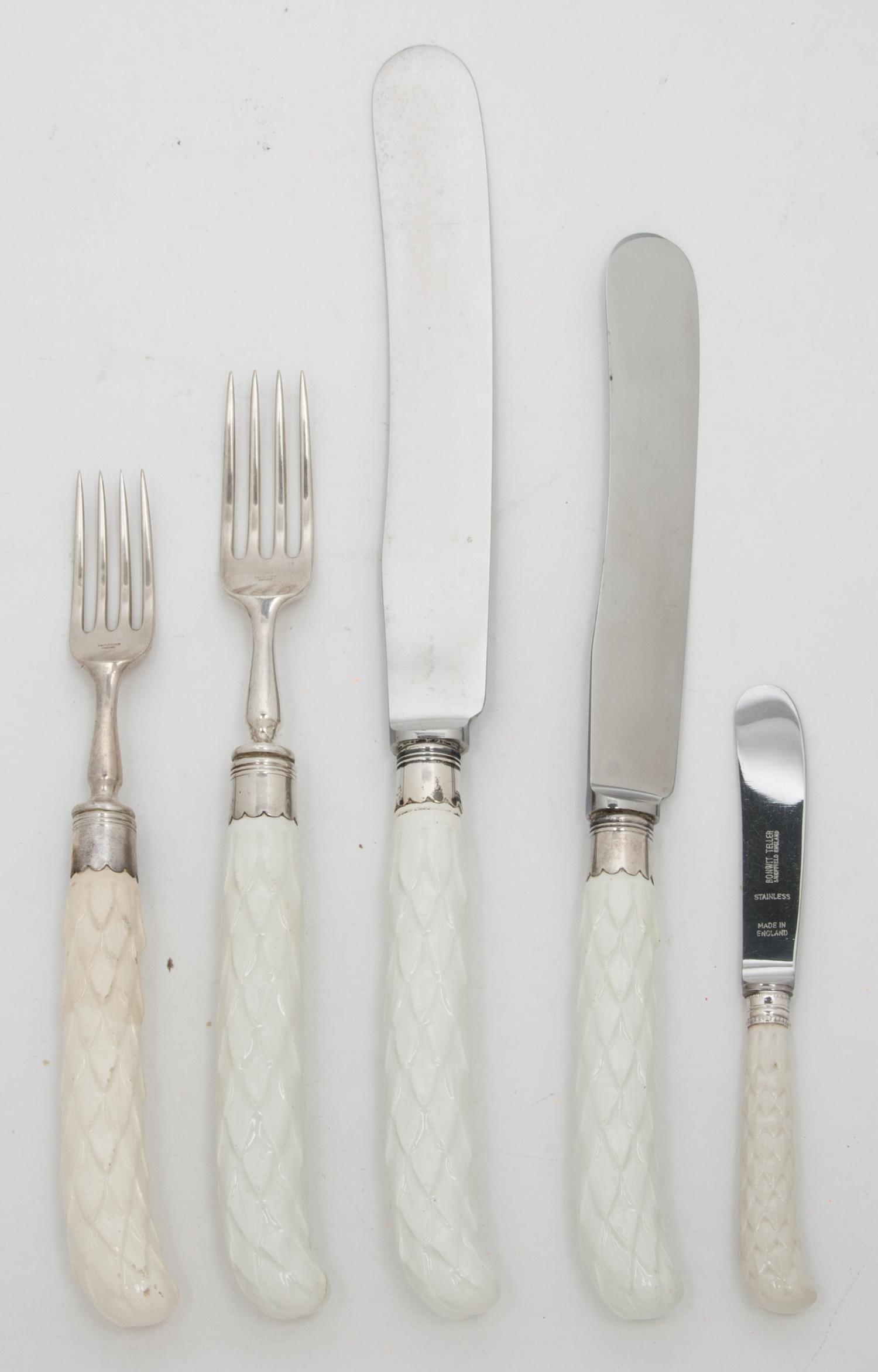 An English Silver and Porcelain Flatware Service, C. W. Fletcher, 1937, with white porcelain handles, retailed by B. Altman & Co. in a