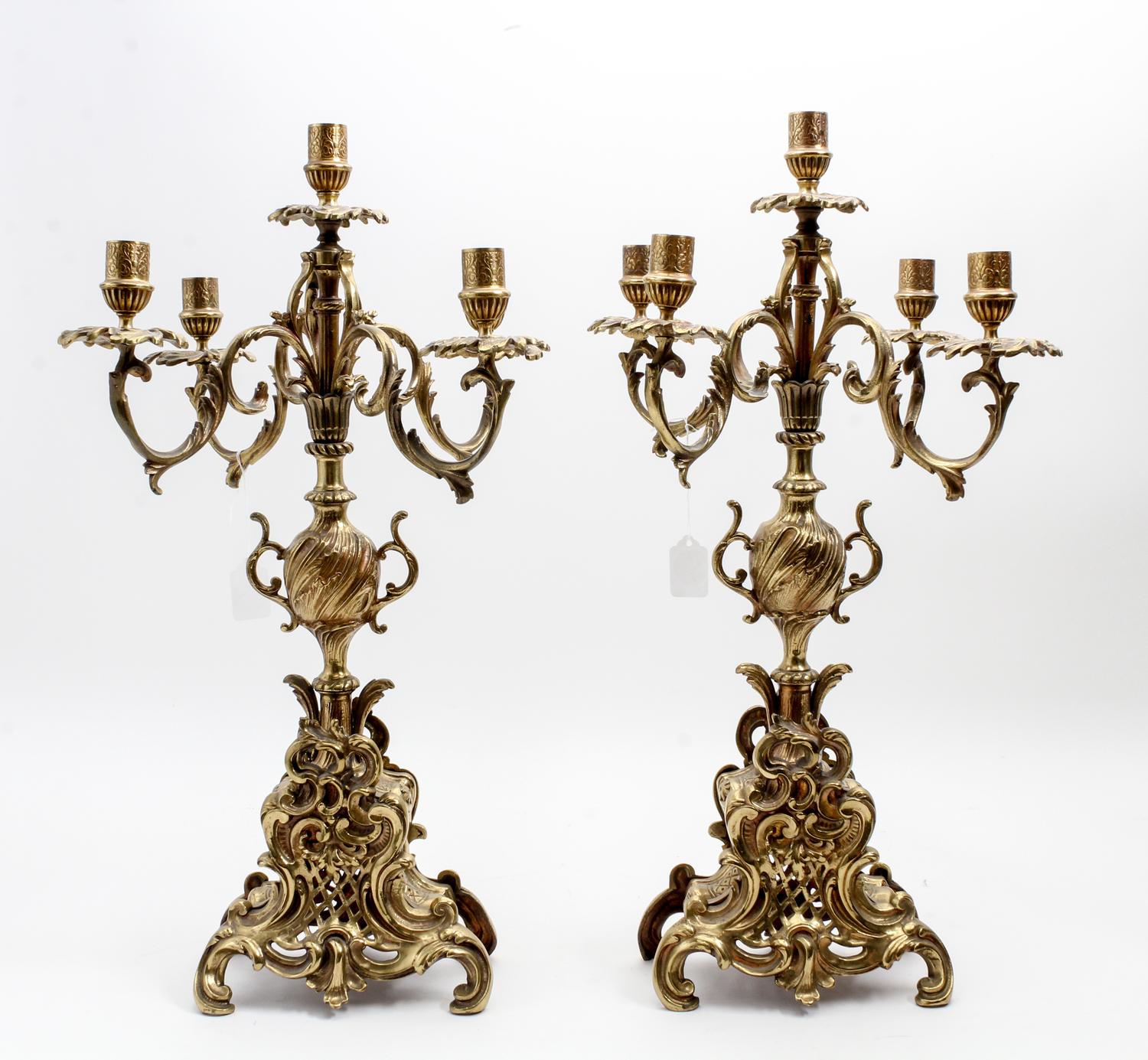 A Pair of Louis XV Style Gilt Brass Candelabra Height 23 inches. — 20TH CENTURY