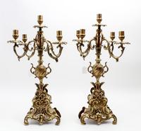 A Pair of Louis XV Style Gilt Brass Candelabra Height 23 inches. — 20TH CENTURY