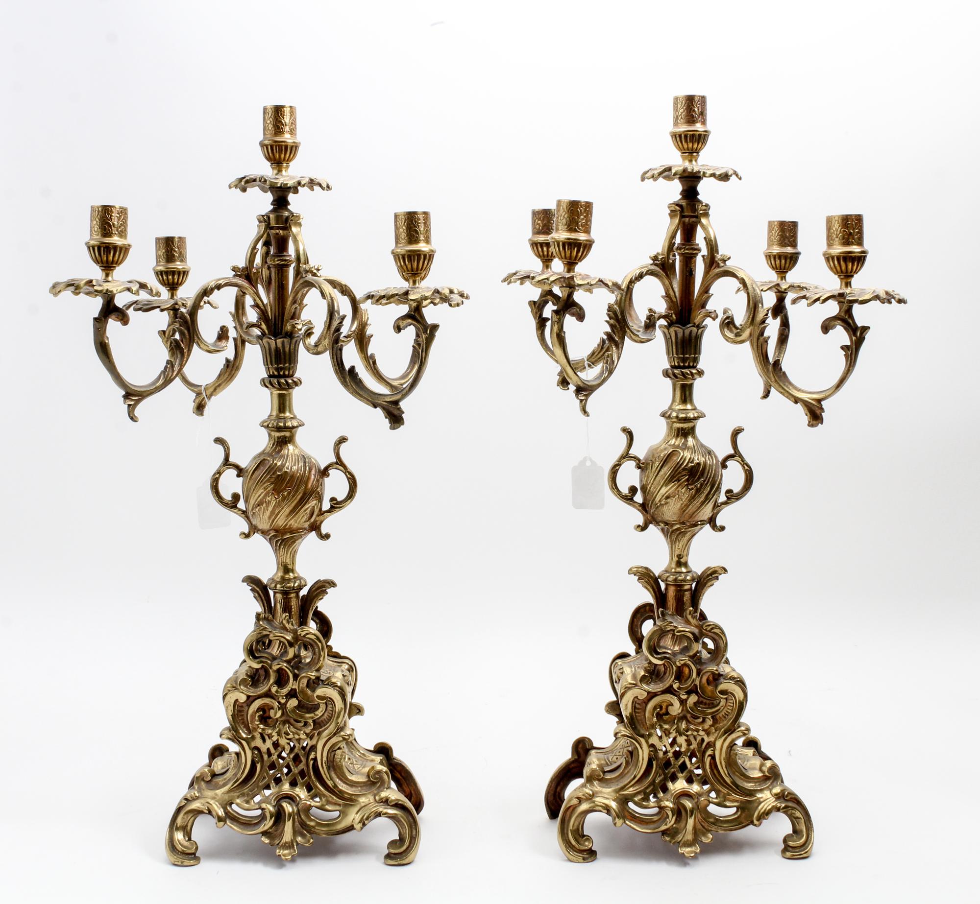 A Pair of Louis XV Style Gilt Brass Candelabra Height 23 inches. — 20TH CENTURY