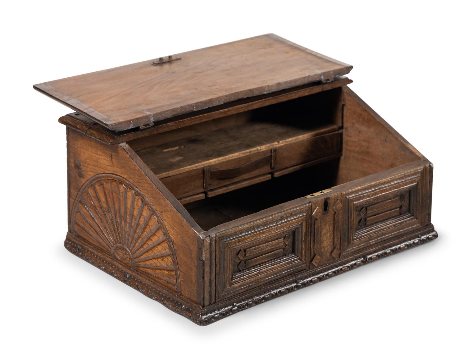 An English Carved Oak Slope-Lid Table Box