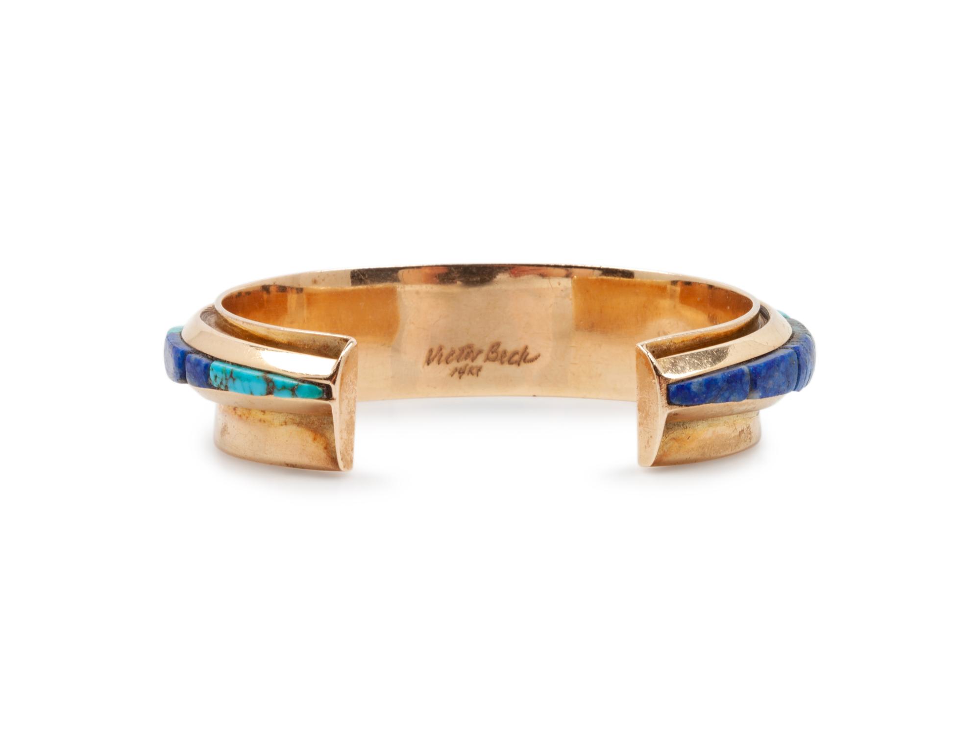 14k Gold, Turquoise, and Lapis Inlay Cuff Bracelet