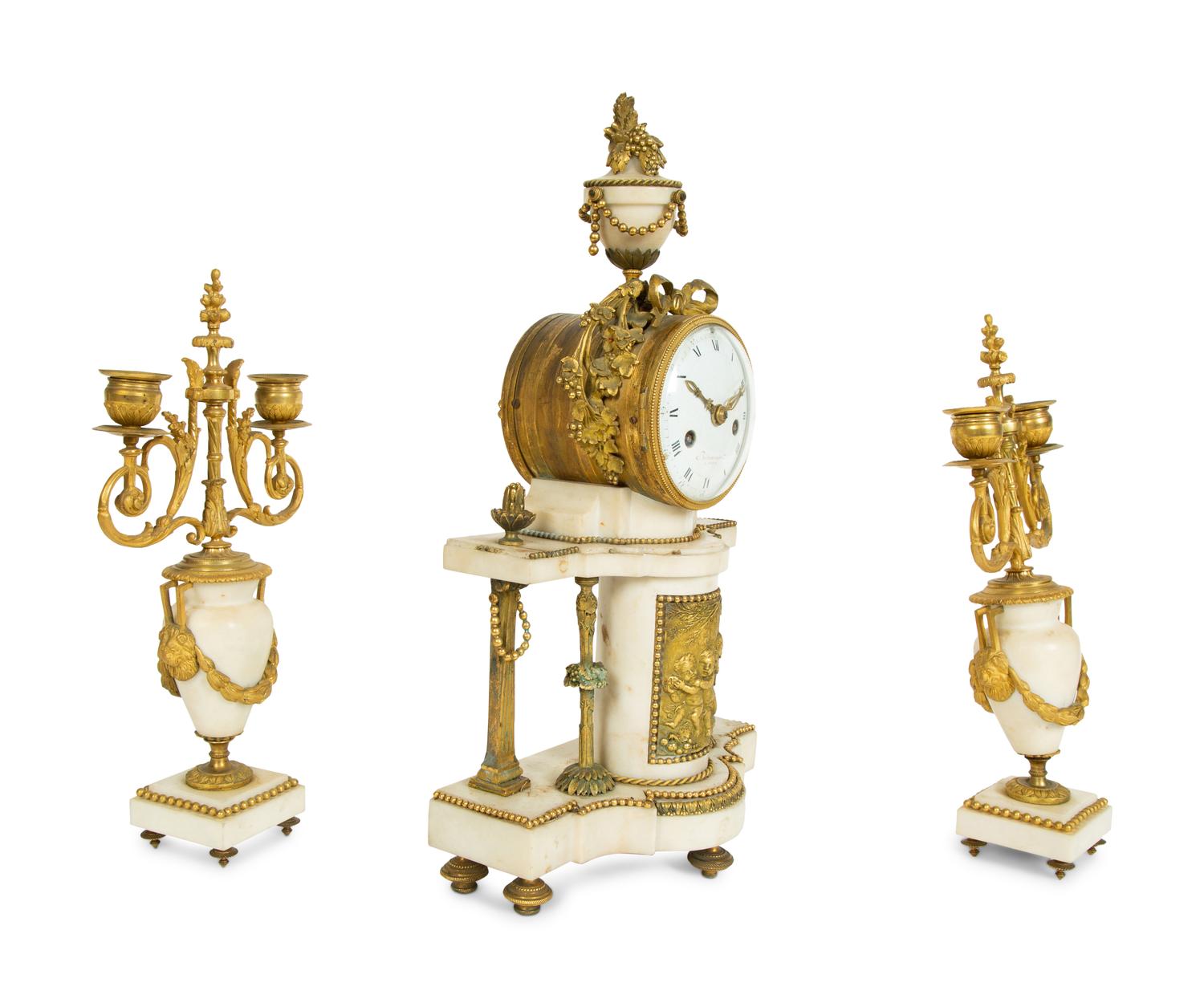A French Gilt Bronze and Marble Three-Piece Clock Garniture — BARANCOURT, 19TH CENTURY