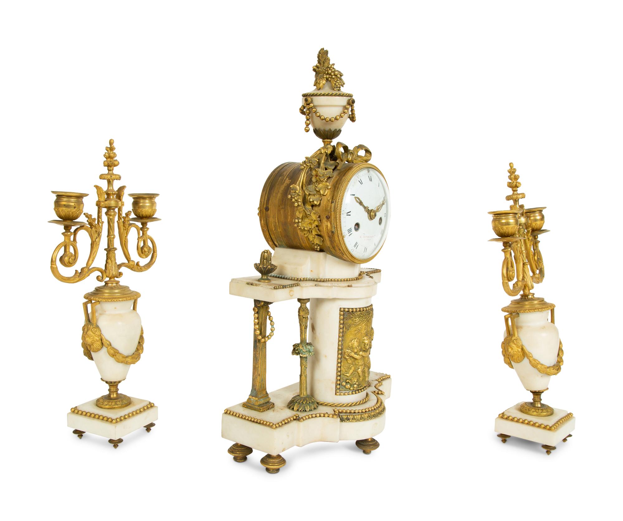 A French Gilt Bronze and Marble Three-Piece Clock Garniture — BARANCOURT, 19TH CENTURY