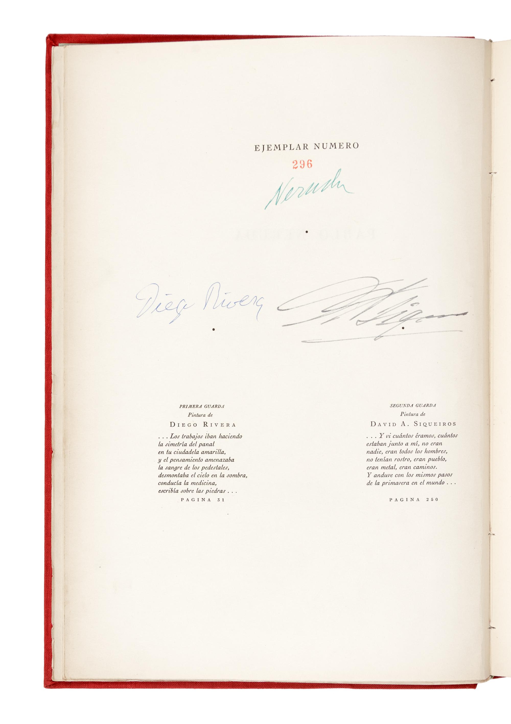 NERUDA, Pablo (1904-1973). Canto General. Diego RIVERA and David Alfaro SIQUEIROS, illustrators. Mexico City: Talleres Gráficos de la Nación, 1950.