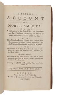 ROGERS, Robert (1731-1795). A Concise Account of North America: containing a Description of the several British Colonies on that Continent, including the Islands of Newfoundland, Cape Breton, &c.... also of the Interior or Westerly Parts... London: J. Millan, 1765.