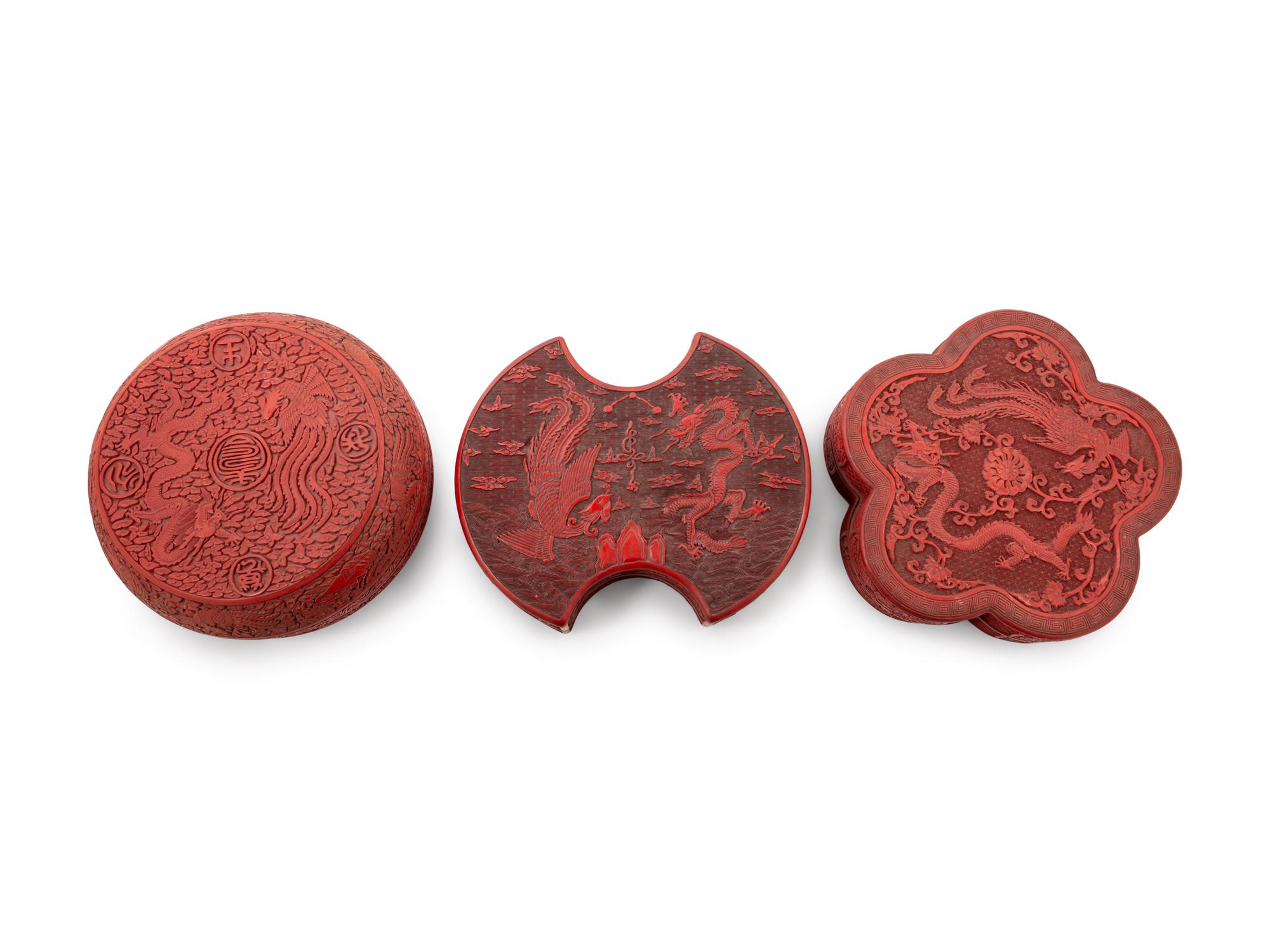 Three Large Chinese Carved Red Lacquer Covered Boxes