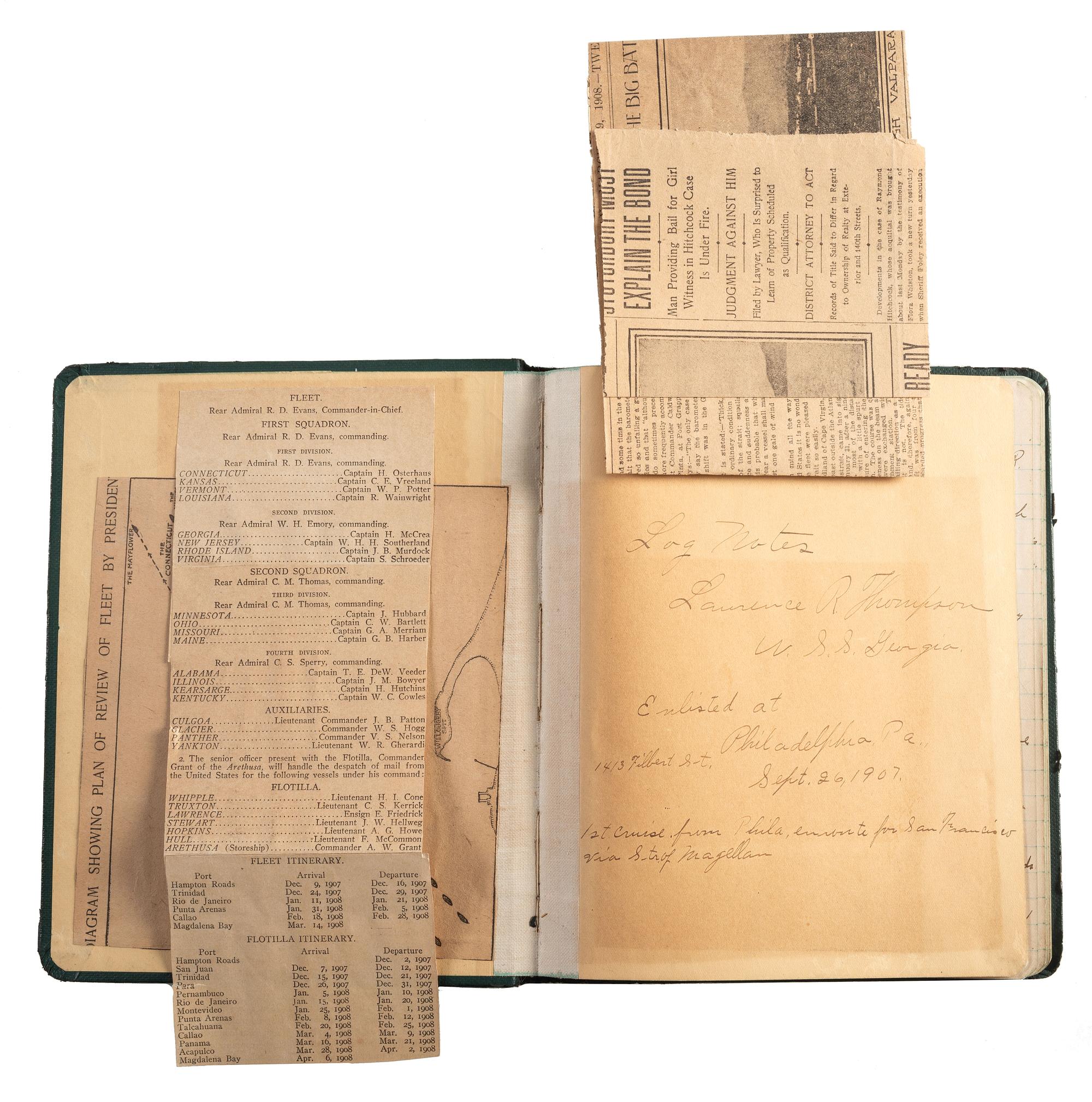 [US NAVY]. Diary kept by Lawrence R. Thompson (1883-1973) while serving on board the USS Georgia and navigating the globe as part of the the Great White Fleet, with document box, naval ephemera, and framed banners.