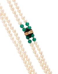 CULTURED PEARL, GREEN CHALCEDONY AND DIAMOND NECKLACE