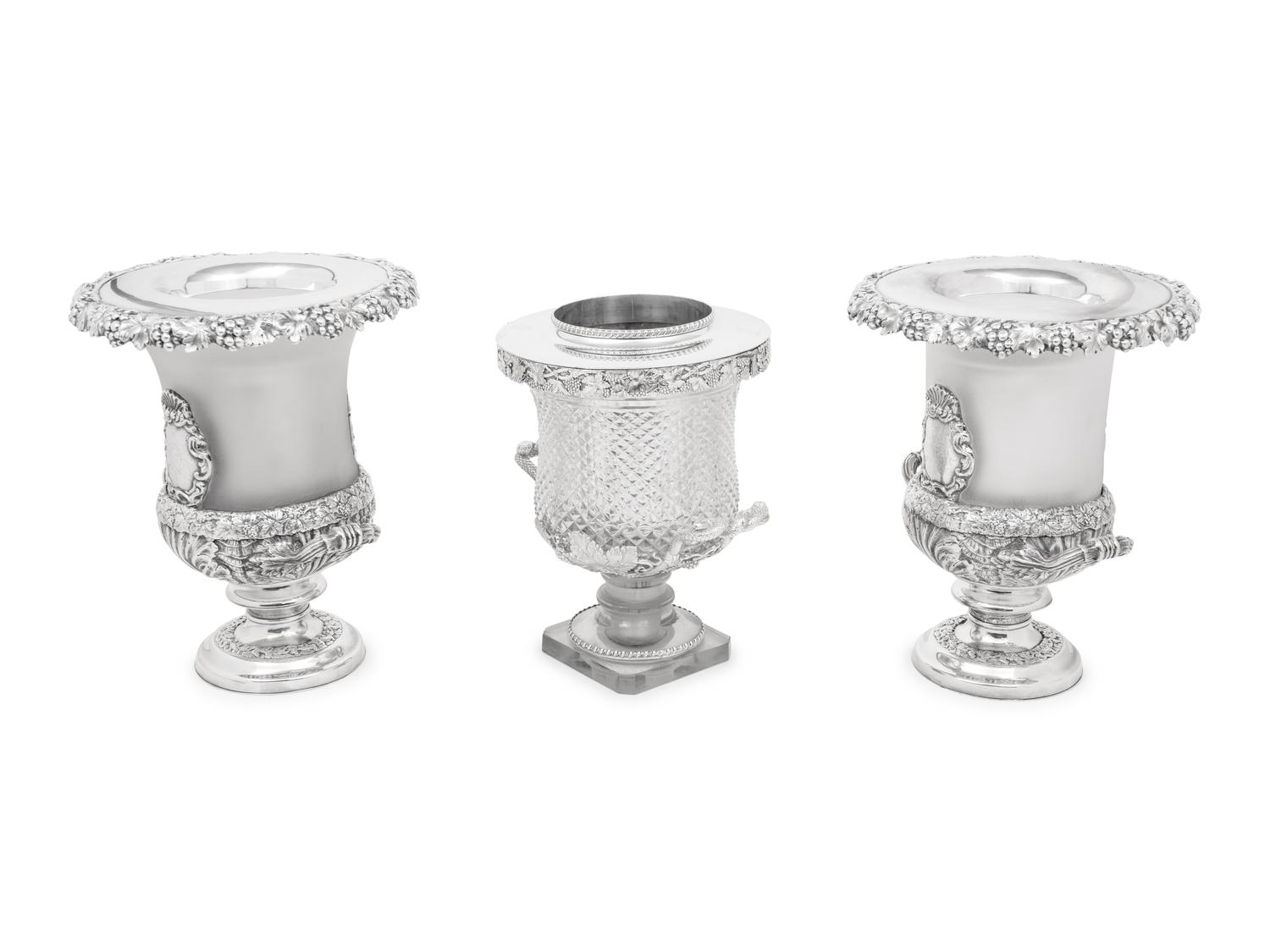 A Pair of English Frosted Glass and Silver-Plate Wine Coolers