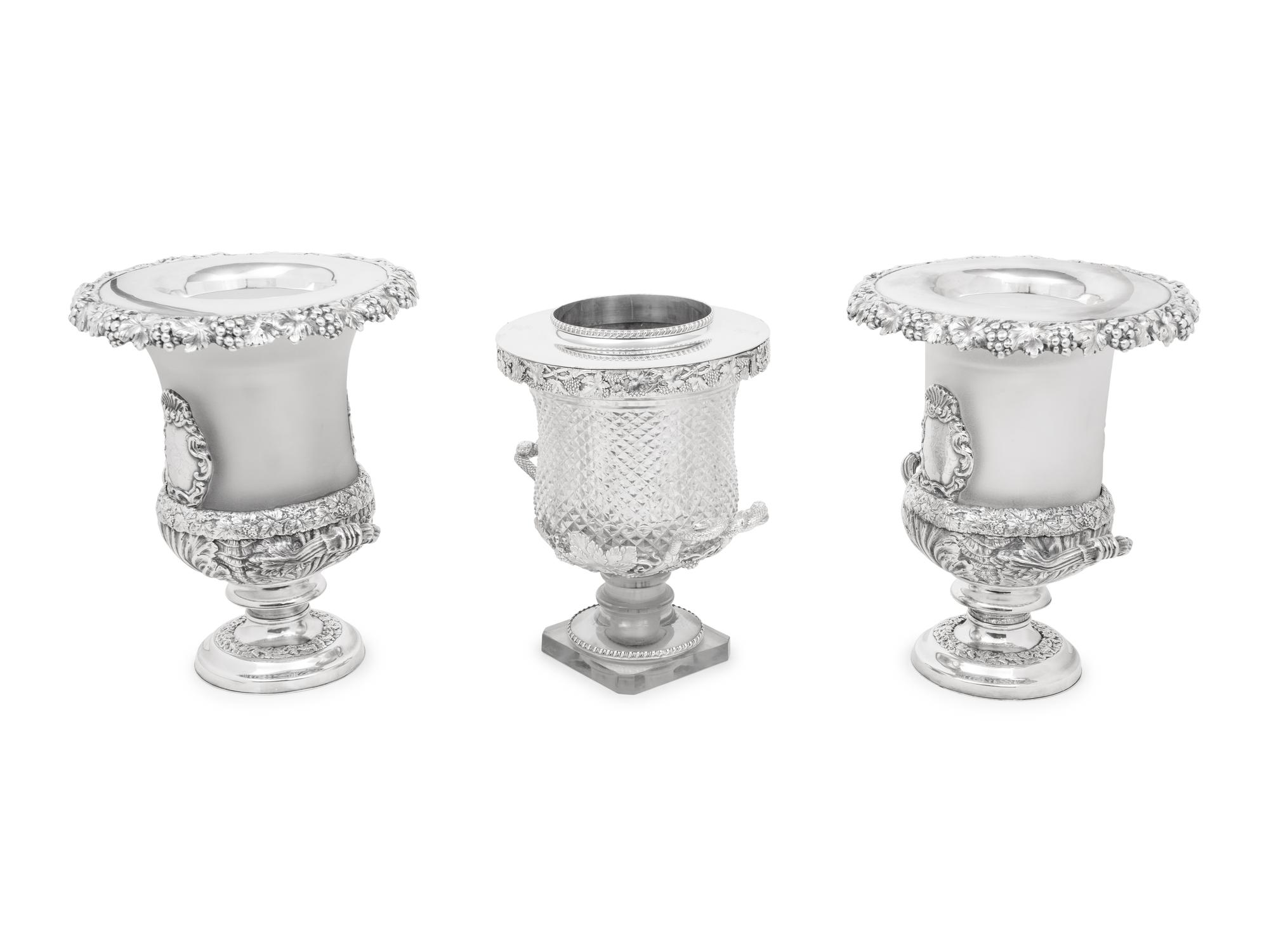 A Pair of English Frosted Glass and Silver-Plate Wine Coolers