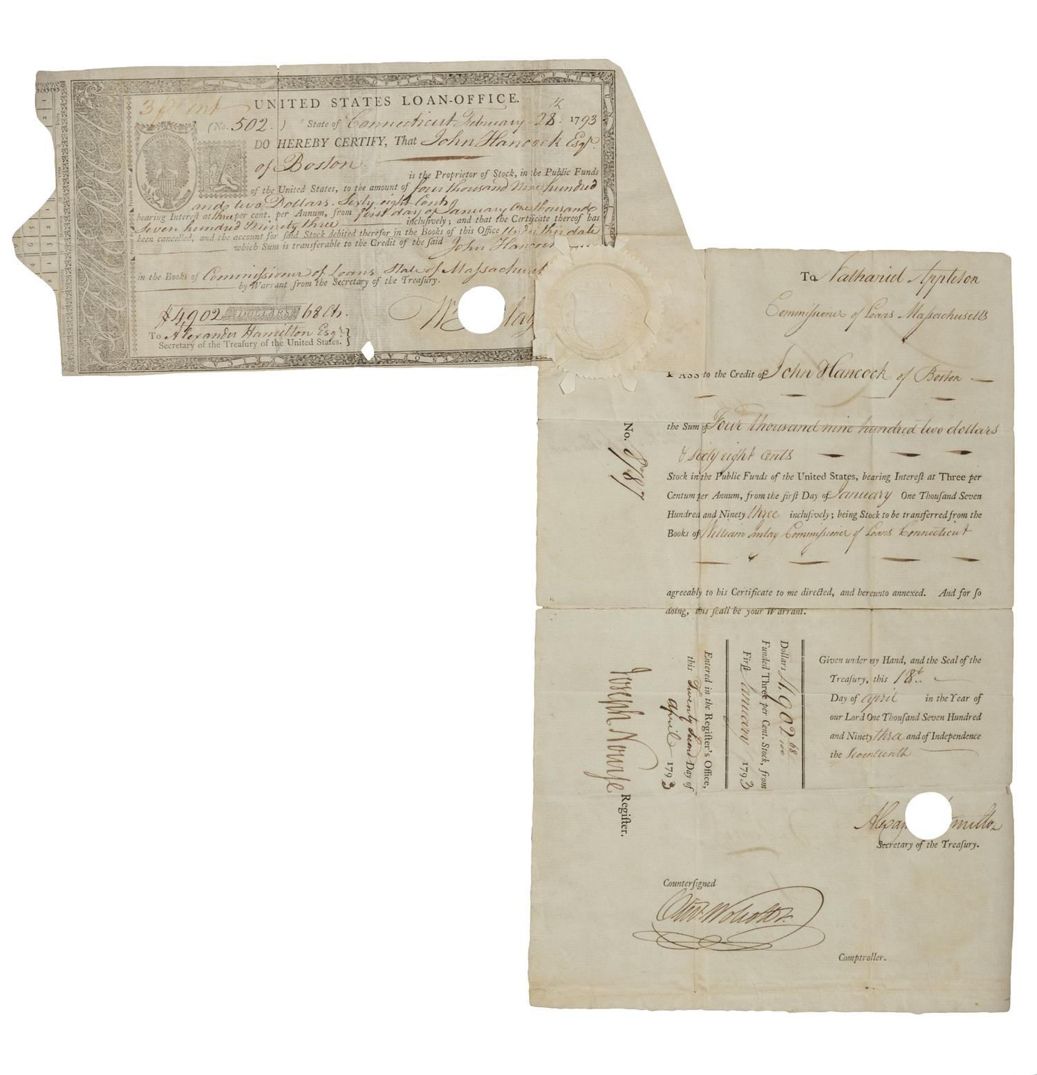[HANCOCK, John (1737-1793)]. Partly-printed United States Loan-Office Transfer Certificate issued on behalf of John Hancock. Signed on the recto by William Imlay, as Commissioner of Loans in the State of Connecticut. 28 February 1793.
