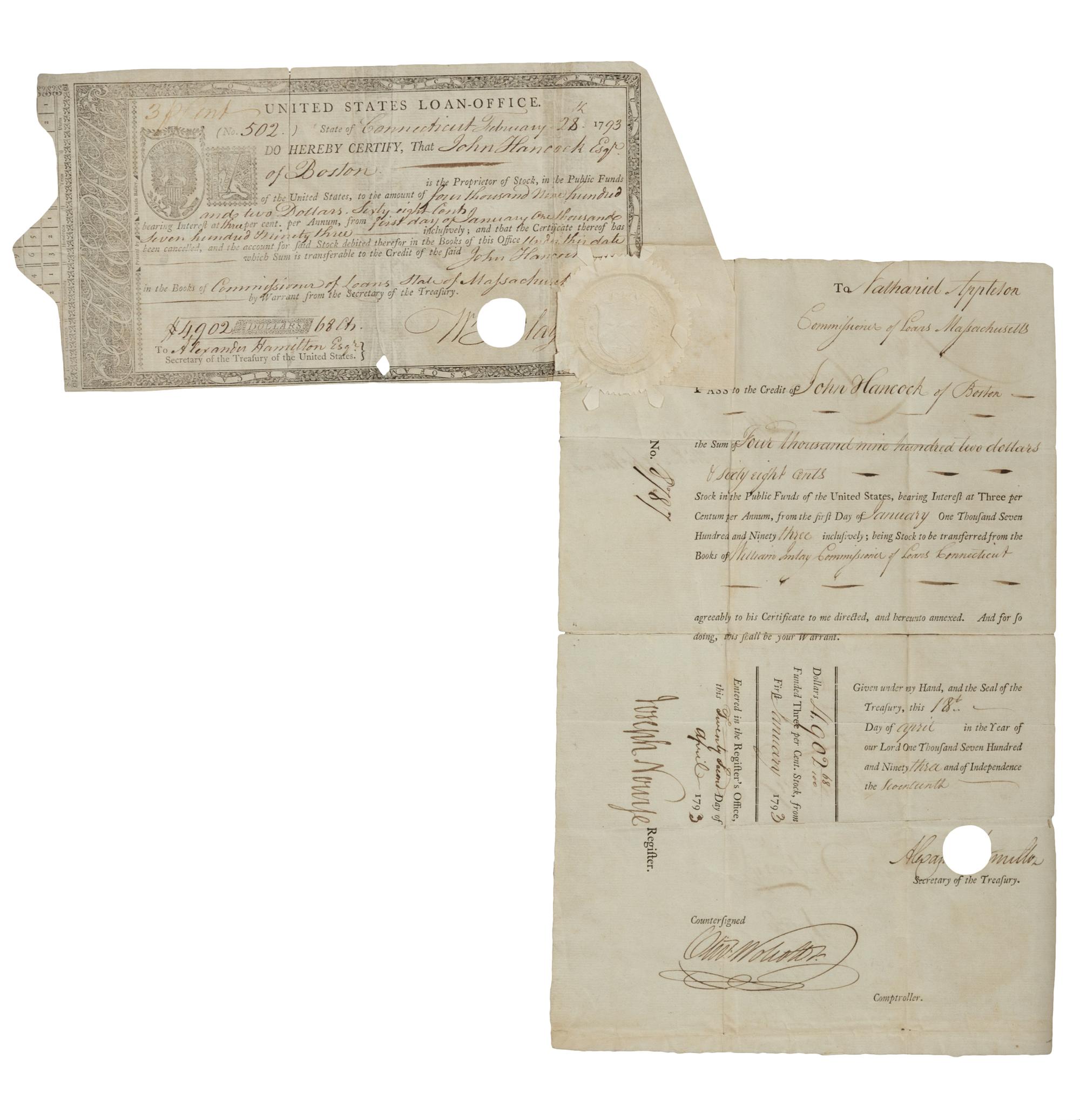 [HANCOCK, John (1737-1793)]. Partly-printed United States Loan-Office Transfer Certificate issued on behalf of John Hancock. Signed on the recto by William Imlay, as Commissioner of Loans in the State of Connecticut. 28 February 1793.