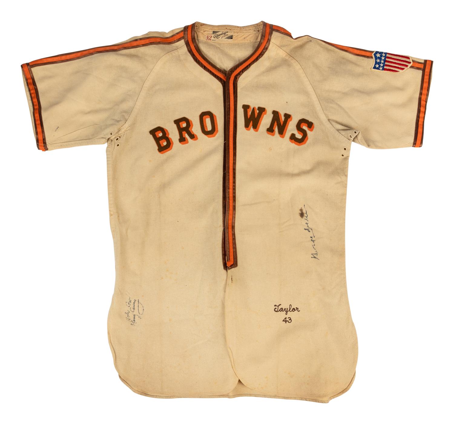 An Authentic 1943 Zack Taylor St. Louis Browns Multi Signed Autograph Baseball Jersey Including George Sisler, Stan Musial and Harry Caray Autos,