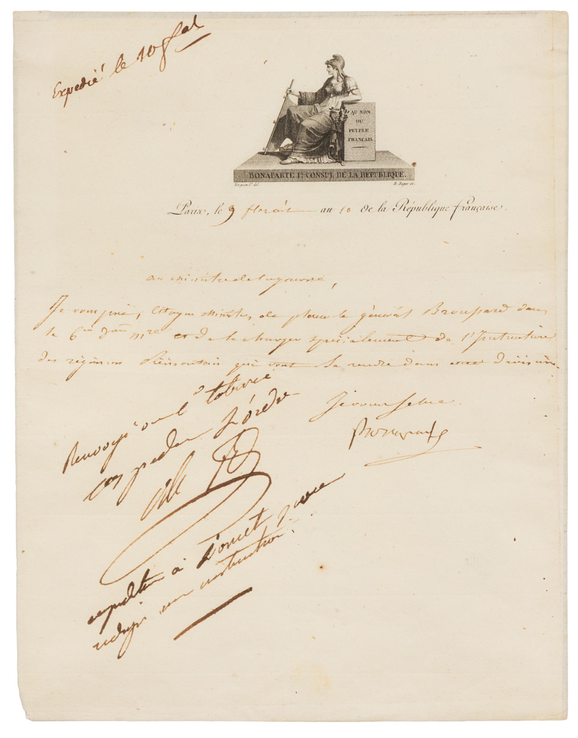 NAPOLEON I (1769-1821). Letter signed ("Bonaparte"), to his Minister of War, Louis-Alexandre Berthier. "9 Florial An X" [29 April 1802]