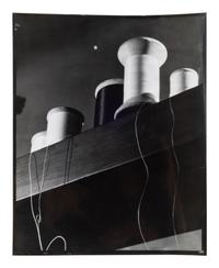 A group of five works ( Spools; Peter Lorre; #5; Model Standing in Rocks; Stairway Up Fuel Storage Tank )