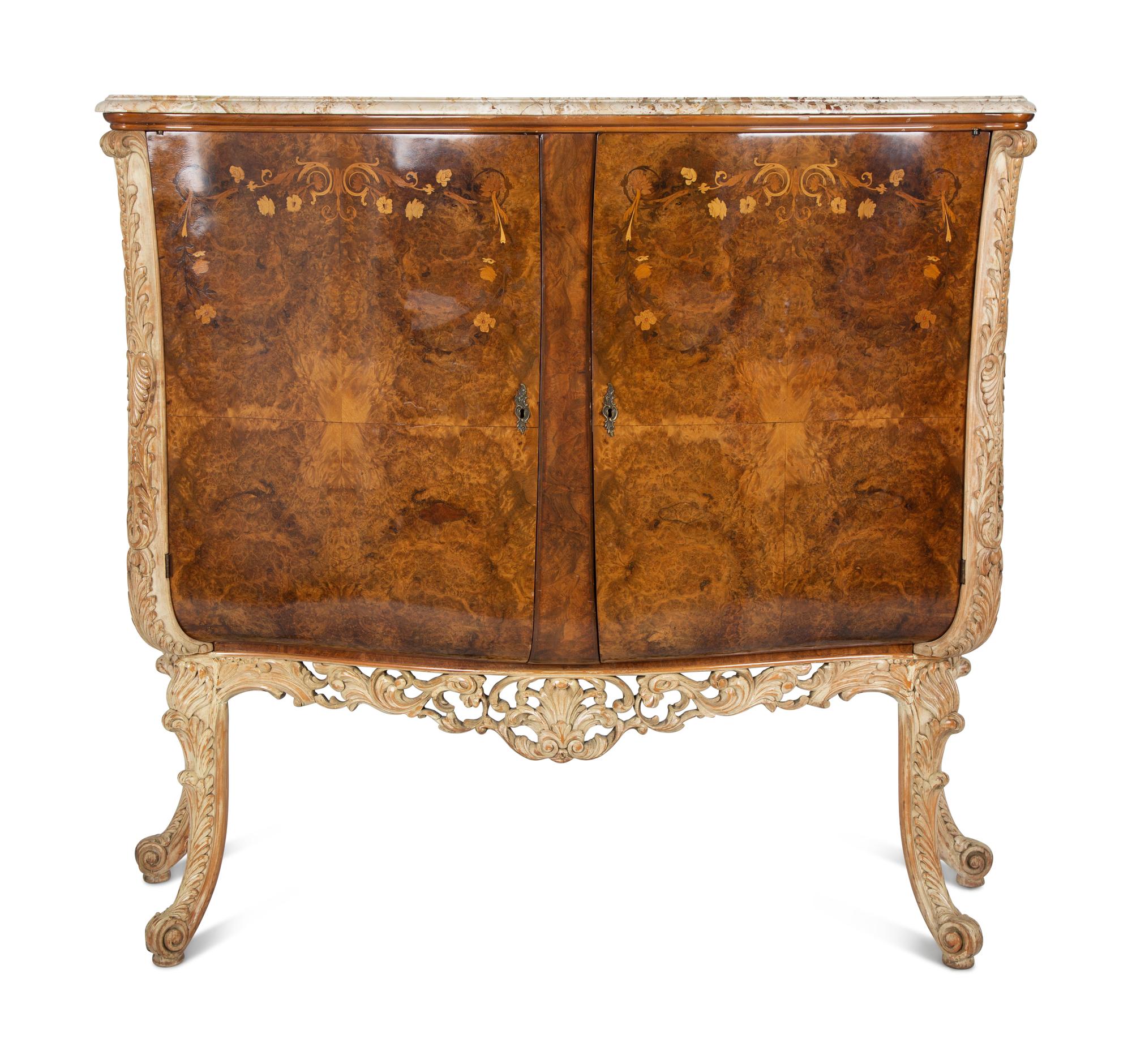 An Italian Burl Walnut and Marquetry Marble-Top Cabinet — CIRCA 1920