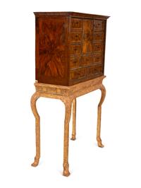 A William & Mary Style Cross-Banded Burlwood Cabinet on a Giltwood Stand