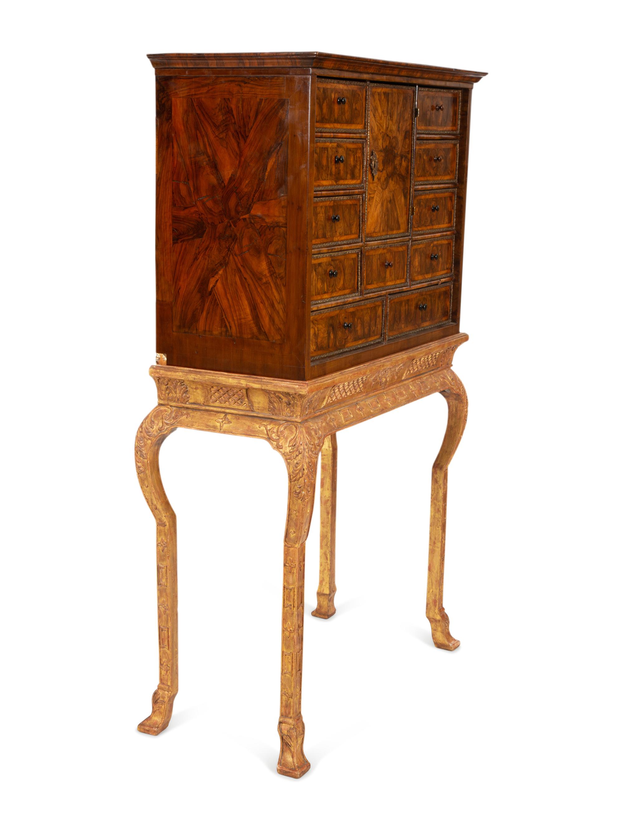A William & Mary Style Cross-Banded Burlwood Cabinet on a Giltwood Stand