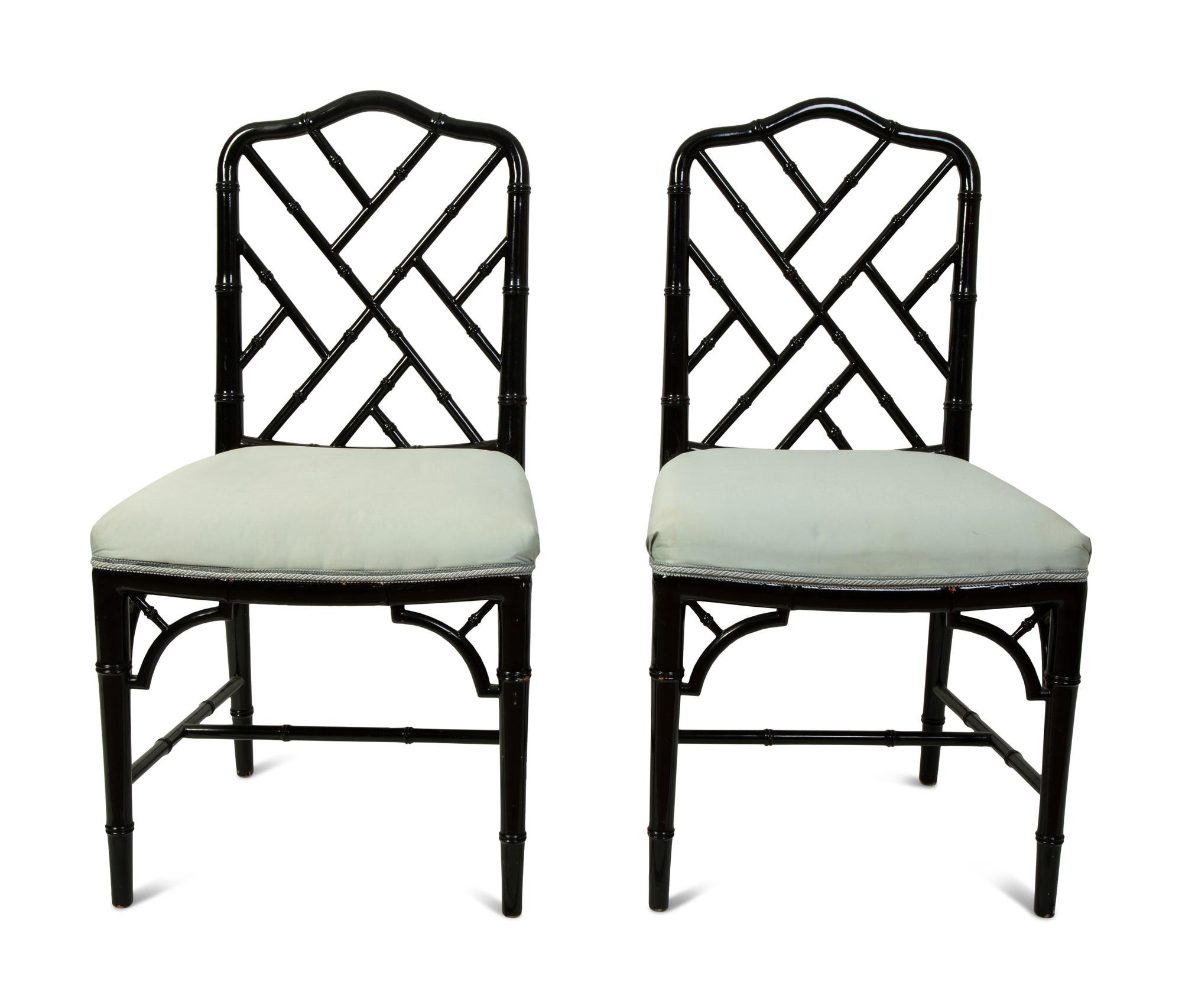 A Pair of Chinese Chippendale Style Black Lacquer Side Chairs — 20TH CENTURY