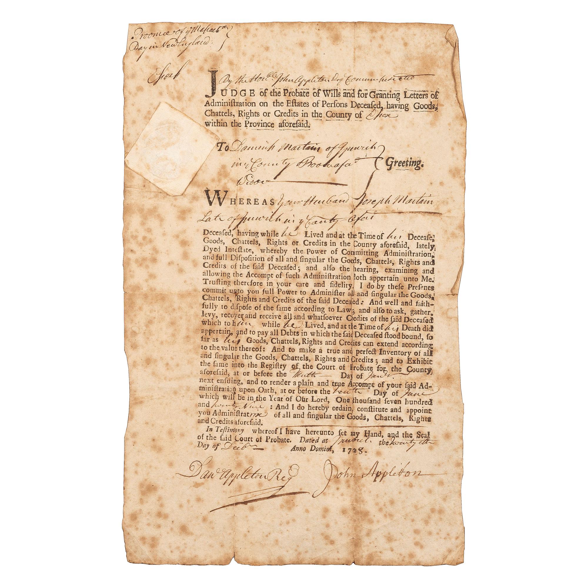 [REVOLUTIONARY WAR]. A group of 2 Massachusetts documents including an enlistment bounty receipt for a Revolutionary War soldier.