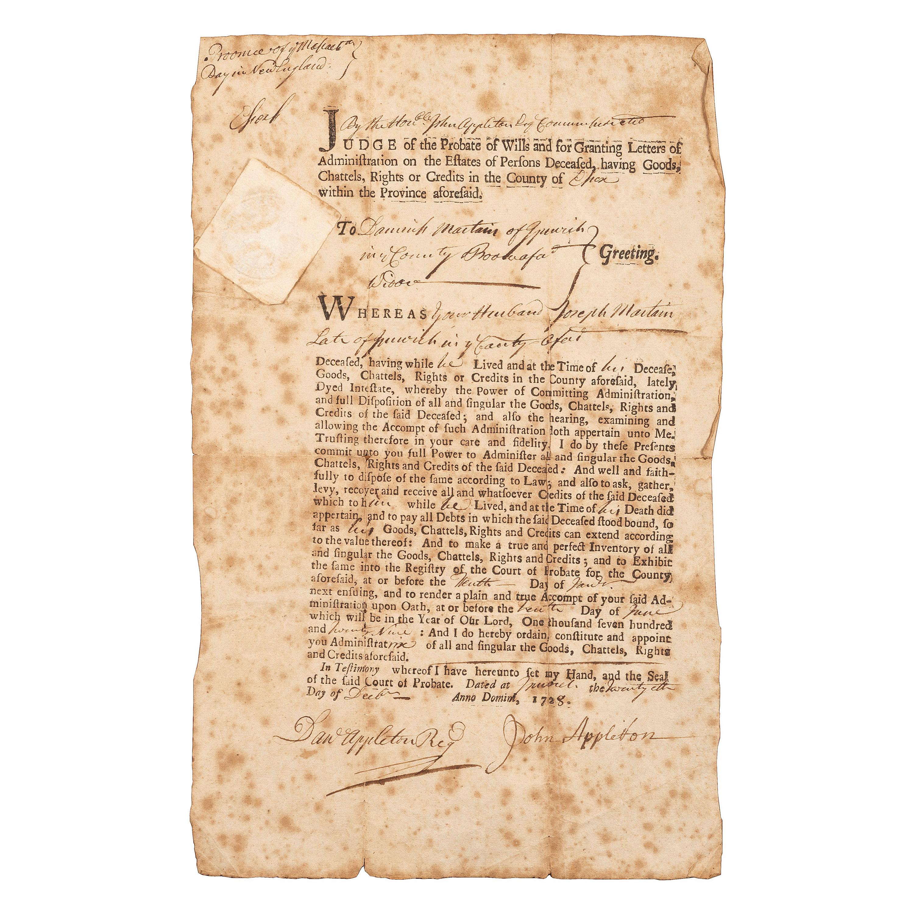 [REVOLUTIONARY WAR]. A group of 2 Massachusetts documents including an enlistment bounty receipt for a Revolutionary War soldier.