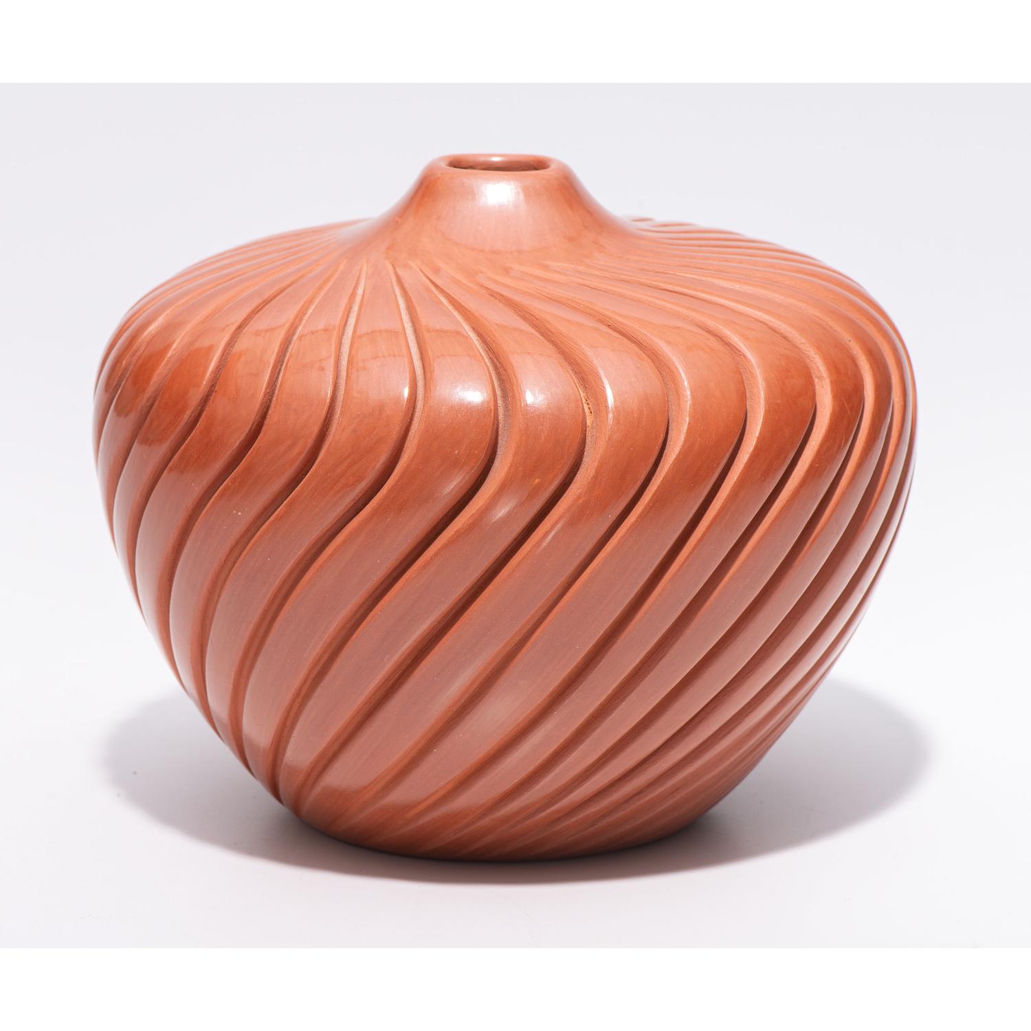 Deeply Carved Redware Pottery Jar