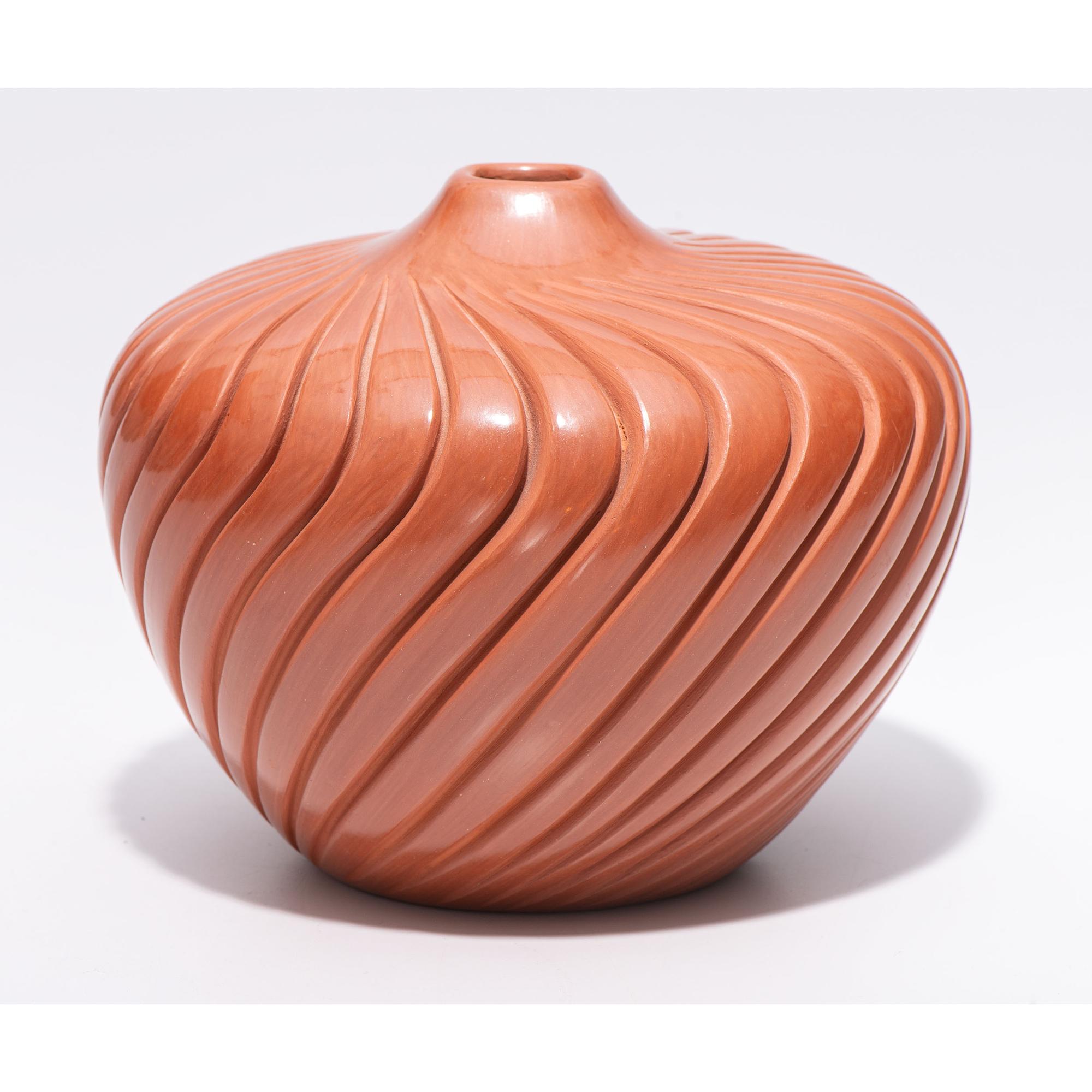Deeply Carved Redware Pottery Jar