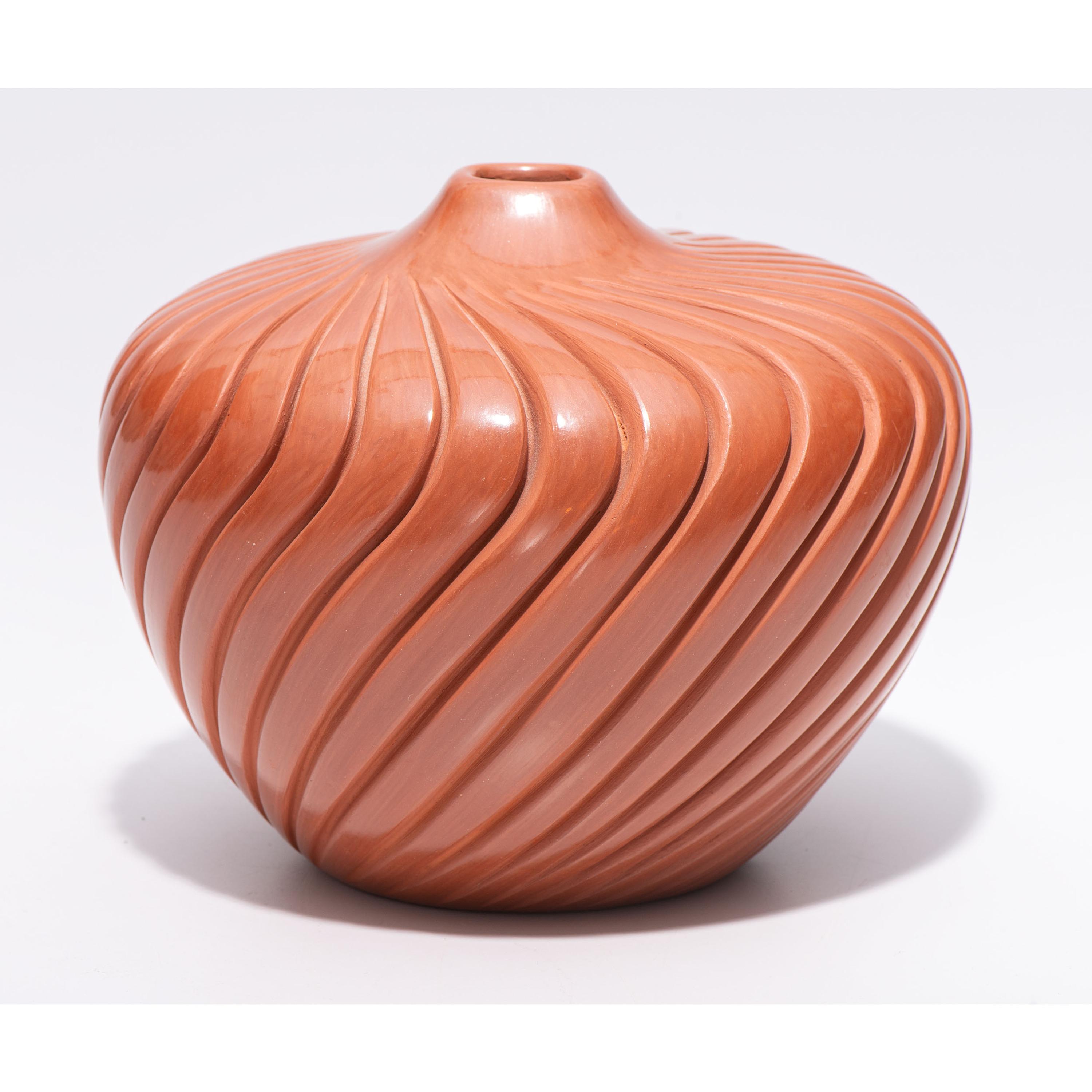 Deeply Carved Redware Pottery Jar