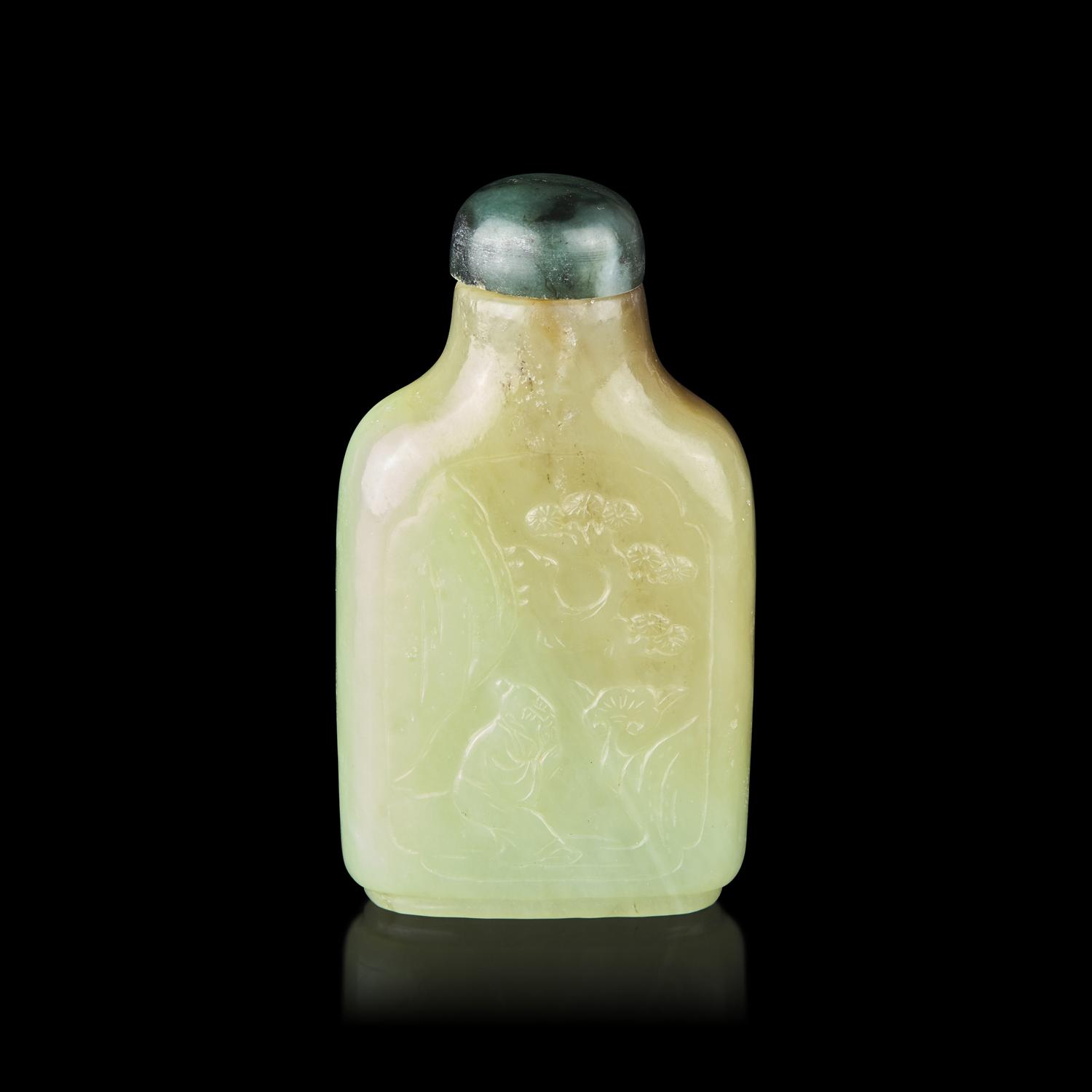 A Chinese Greenish Yellow and Russet Jade 'Scholars' Snuff Bottle, First Half of 19th Century — 清中期 黃玉高士圖鼻煙壺