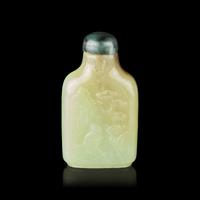 A Chinese Greenish Yellow and Russet Jade 'Scholars' Snuff Bottle, First Half of 19th Century — 清中期 黃玉高士圖鼻煙壺