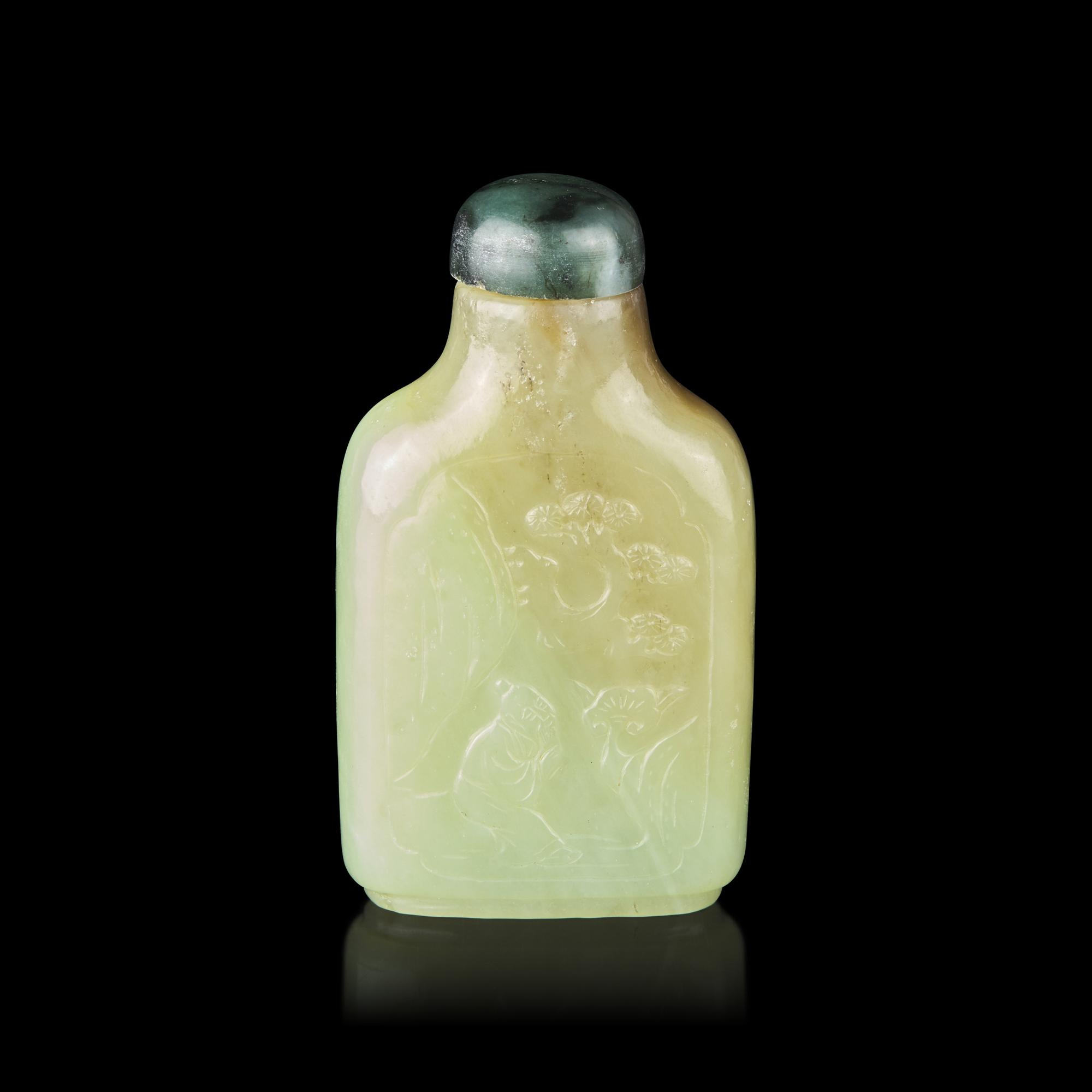 A Chinese Greenish Yellow and Russet Jade 'Scholars' Snuff Bottle, First Half of 19th Century — 清中期 黃玉高士圖鼻煙壺