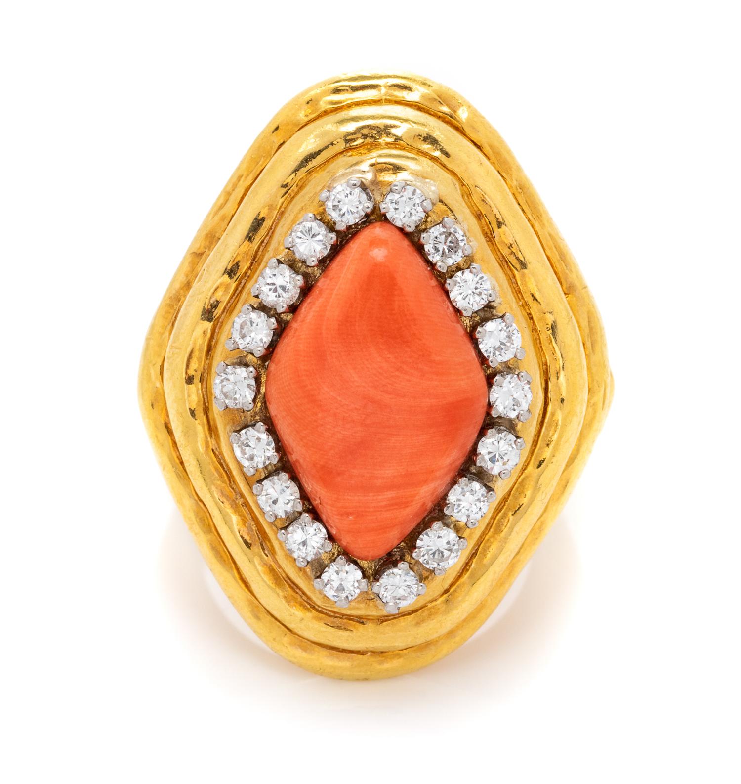 An 18 Karat Yellow Gold, Coral and Diamond Ring, Charles Turi, 13.00 dwts.