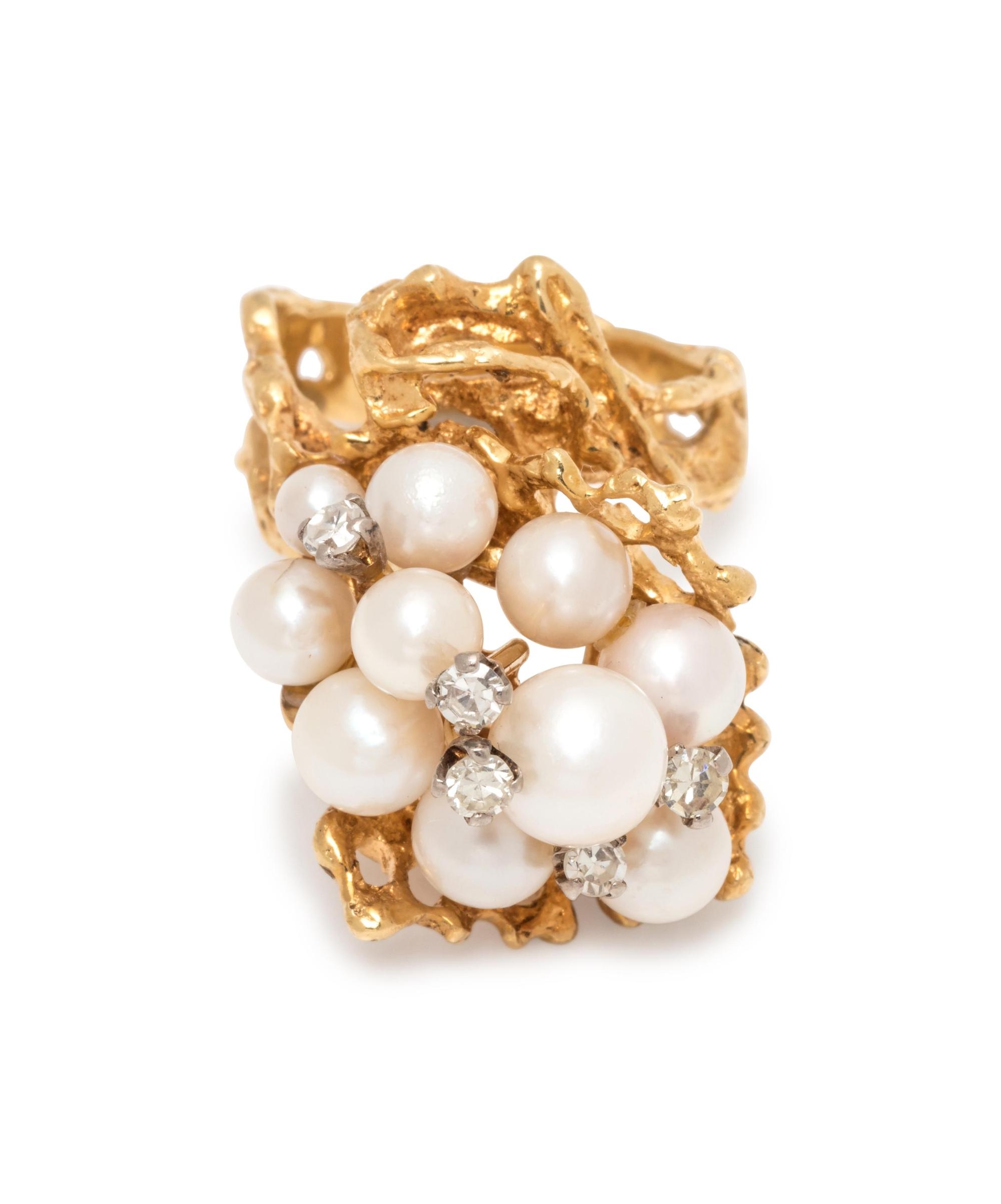 BRUTALIST, CULTURED PEARL AND DIAMOND RING
