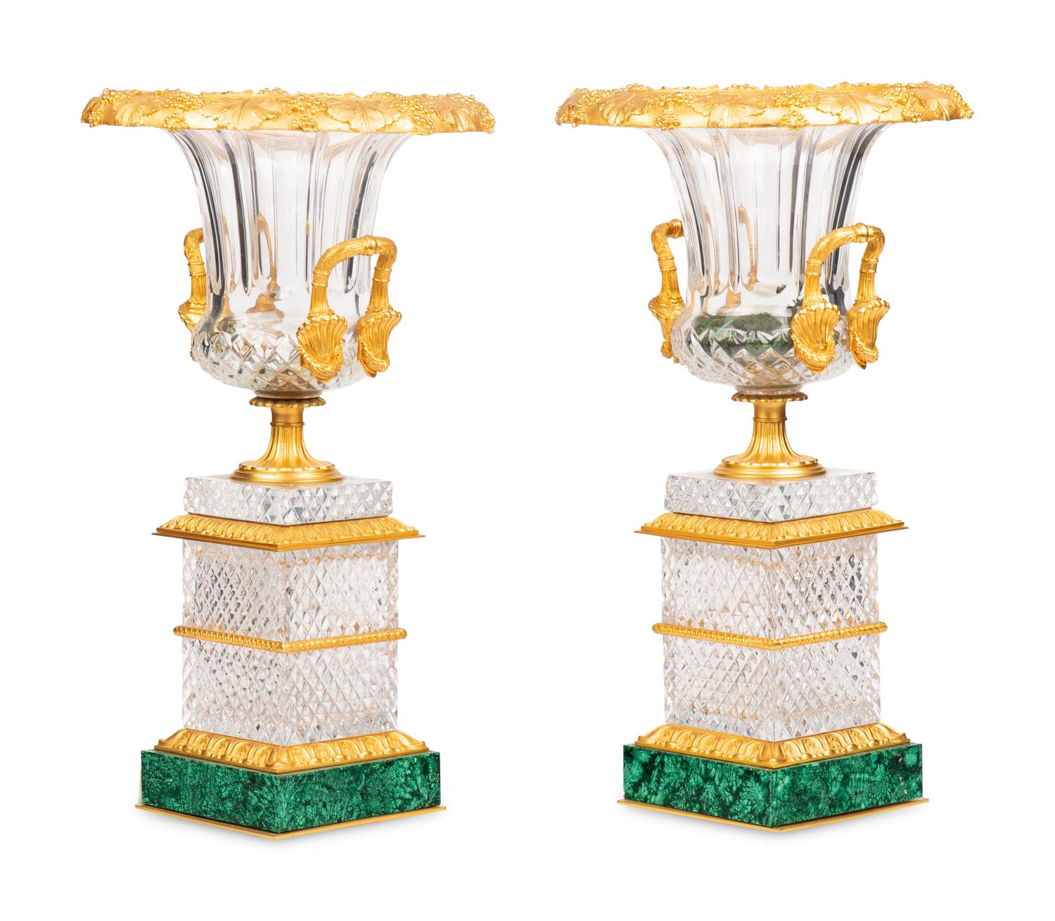 A Pair of French Gilt Bronze Mounted Cut Glass and Malachite Vases