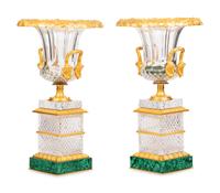 A Pair of French Gilt Bronze Mounted Cut Glass and Malachite Vases
