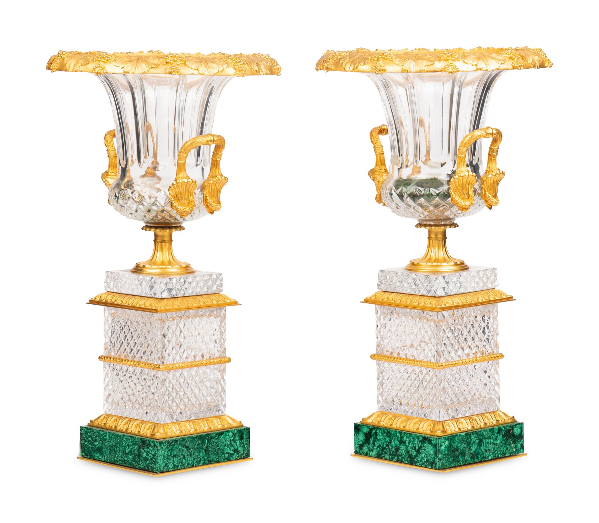 A Pair of French Gilt Bronze Mounted Cut Glass and Malachite Vases