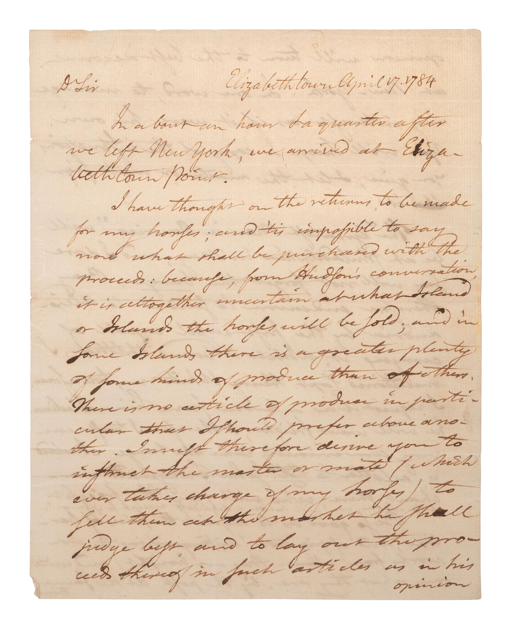 PICKERING, Timothy (1745-1829). Autograph letter signed ("Tim Pickering"), to Peter Anspach and Messr. Wolfe. Elizabethtown, 17 April 1784.