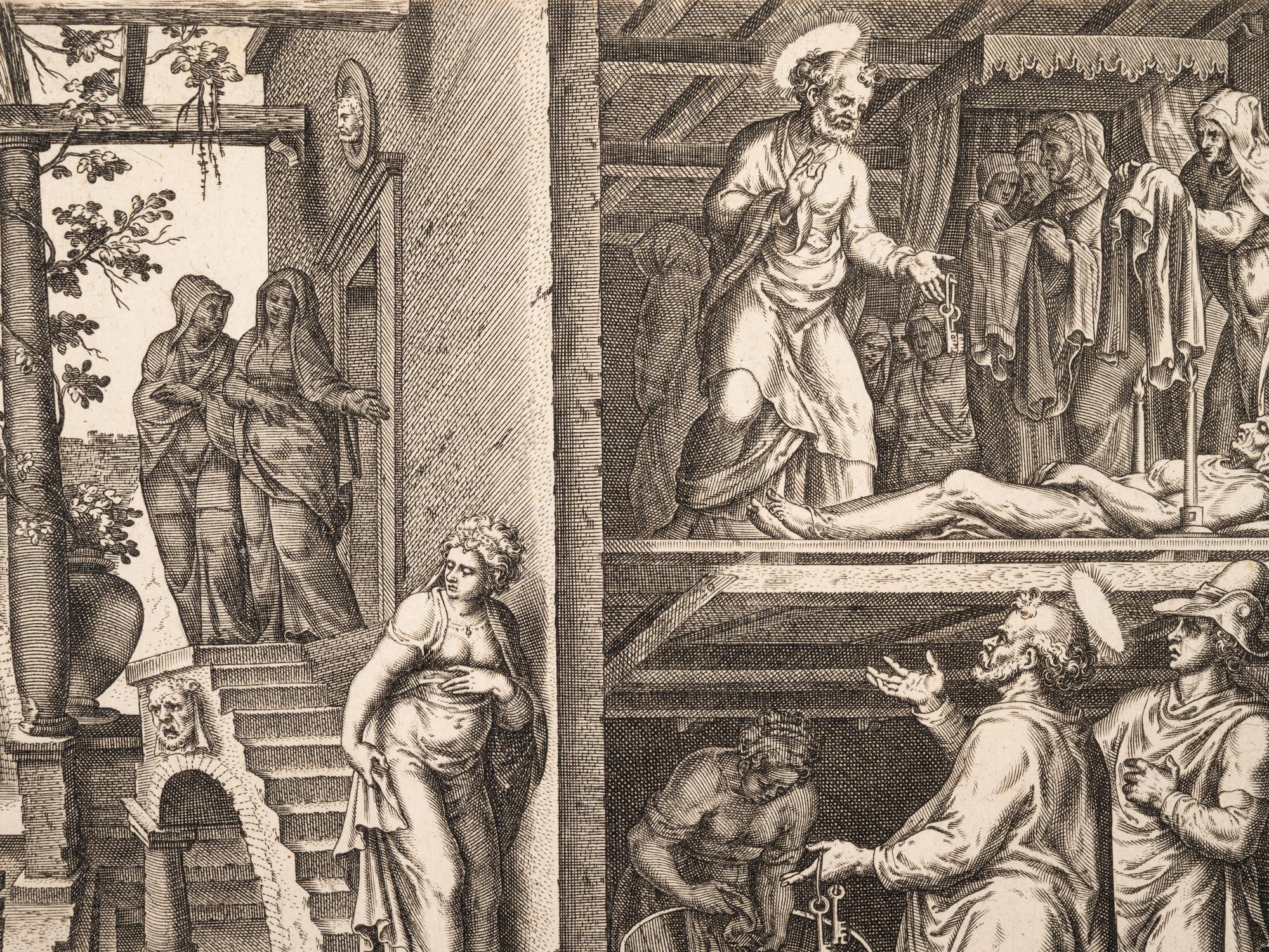 A group of five prints ( Descent from the Cross; The Raising of Tabitha, c. 1550; Untitled (A Saint's Blessing); Untitled (Benediction); Untitled (Saint in a Crowd), c. 1540)