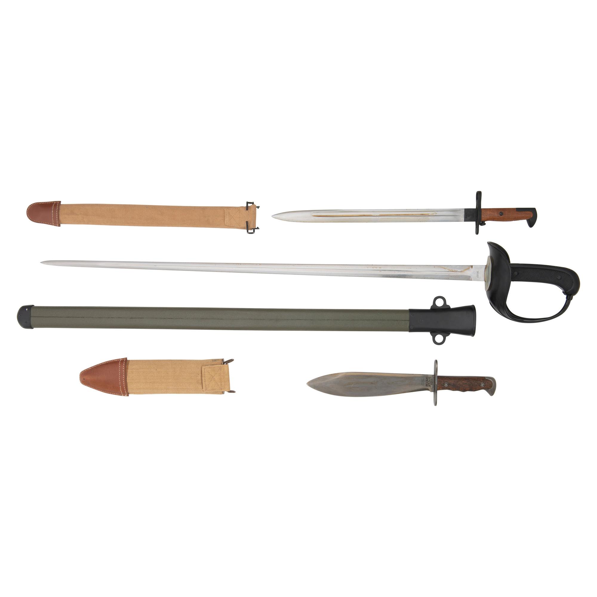 Lot of Reproduction American Edged Weapons Including: Patton Saber, 1917 Bolo, 1905 Bayonet