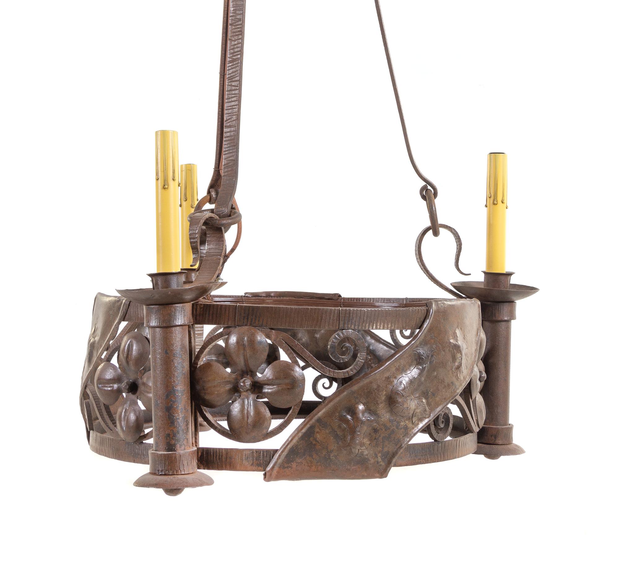 A Continental Wrought Iron Six-Light Chandelier