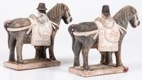 A Pair of Chinese Terracotta Horses with Standing Attendants