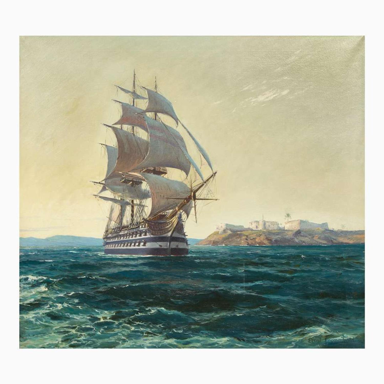 Ernst Frommhold (German, 1879–1955) Galleon off Rocky Coast