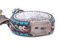 A Russian Enameled Silver Scent Flask and Clip