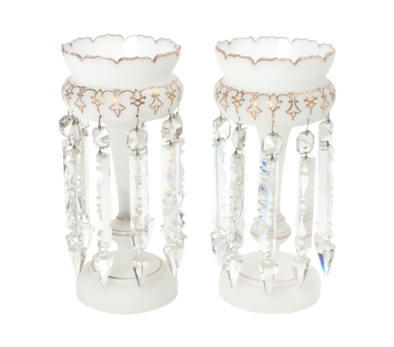 A Pair of Frosted Glass Girandoles Height 12 3/4 inches.