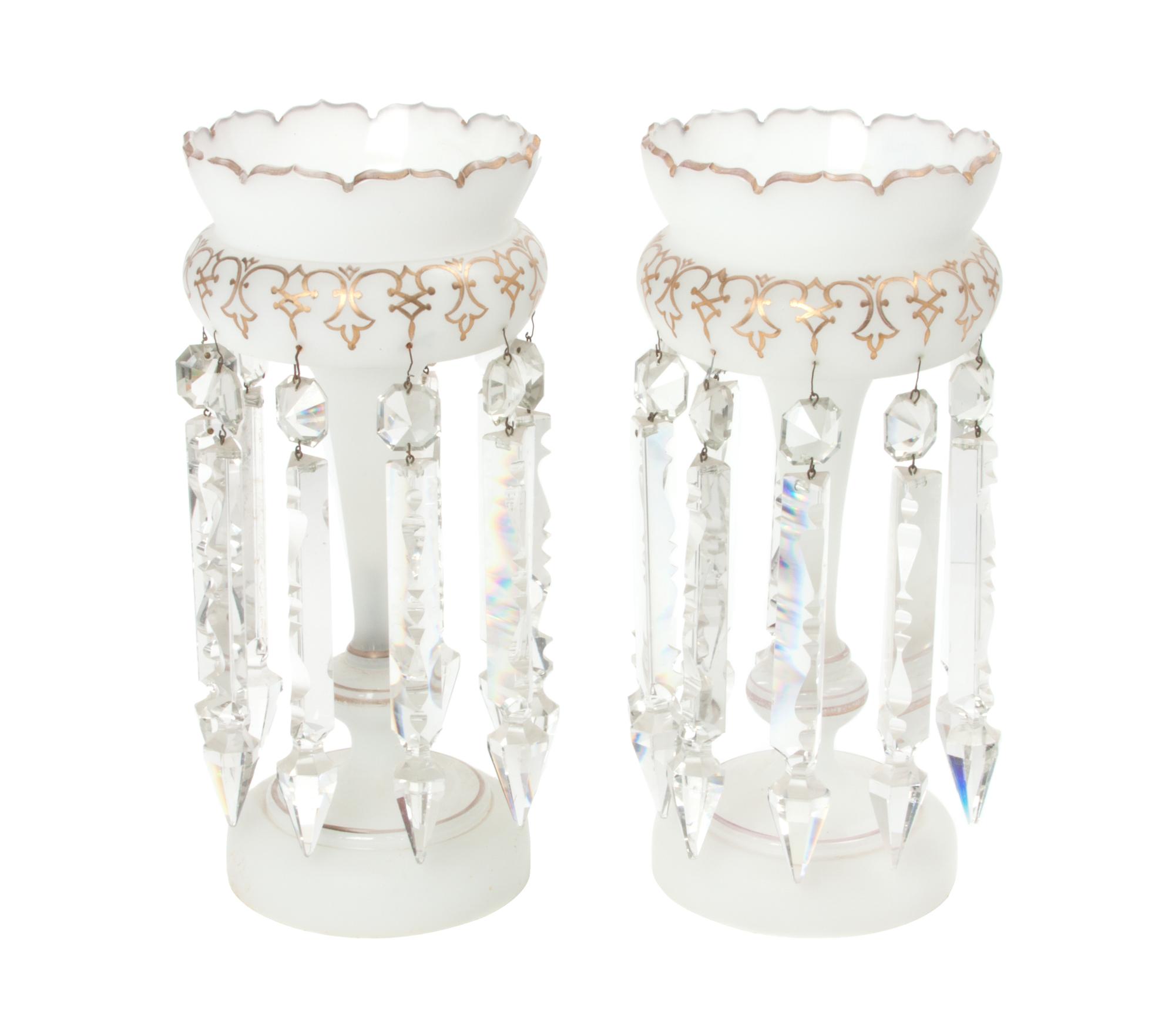 A Pair of Frosted Glass Girandoles Height 12 3/4 inches.