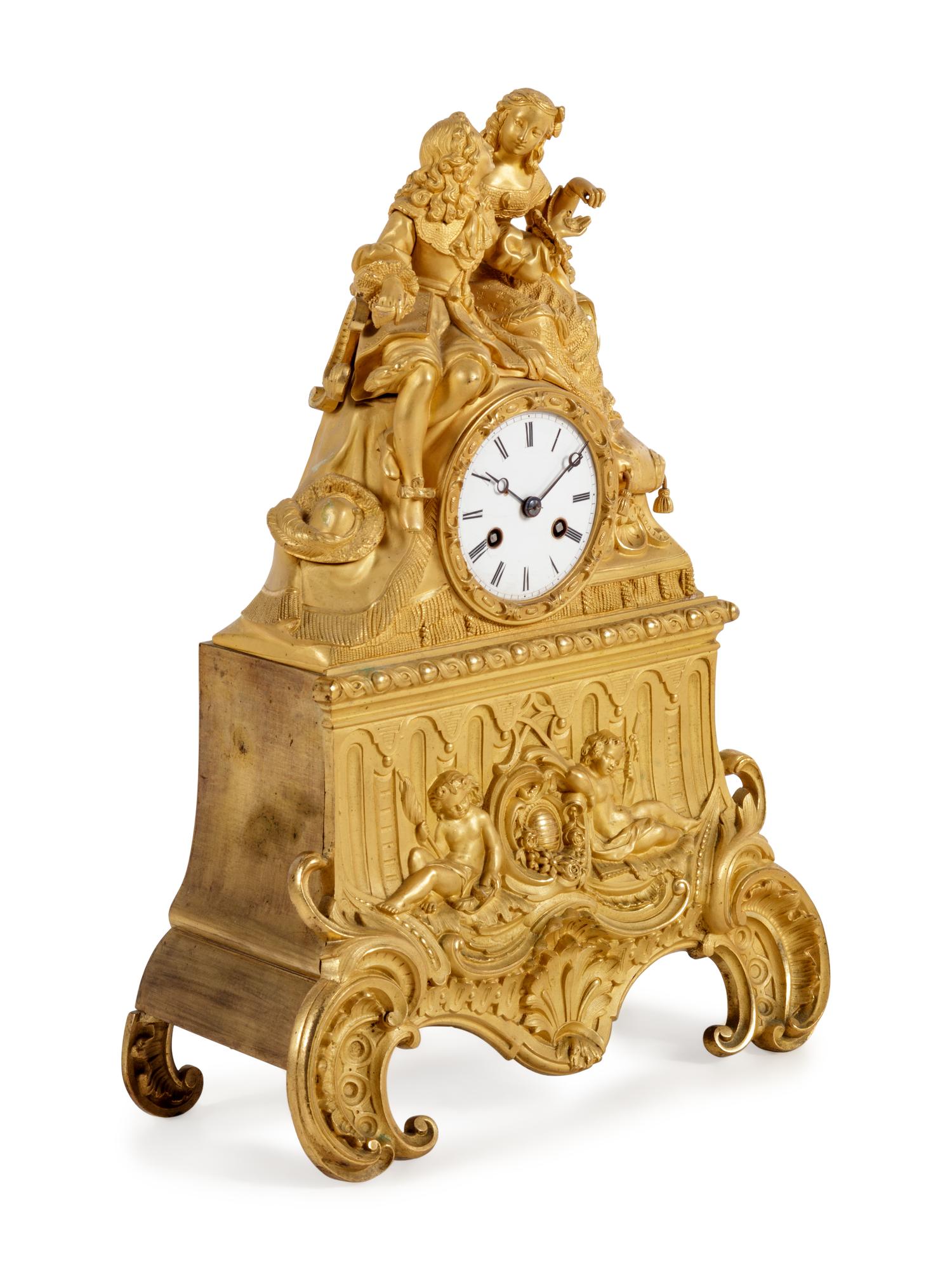 A Louis XV Style Gilt Bronze Figural Mantel Clock