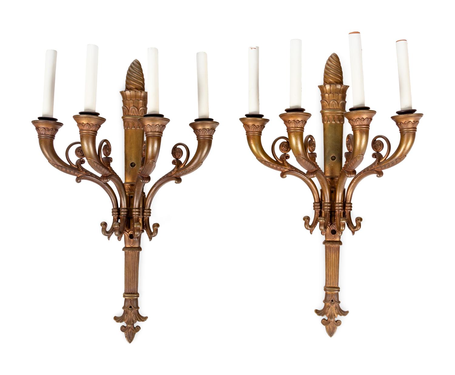 A Pair of Empire Style Gilt Bronze Four-Light Sconces