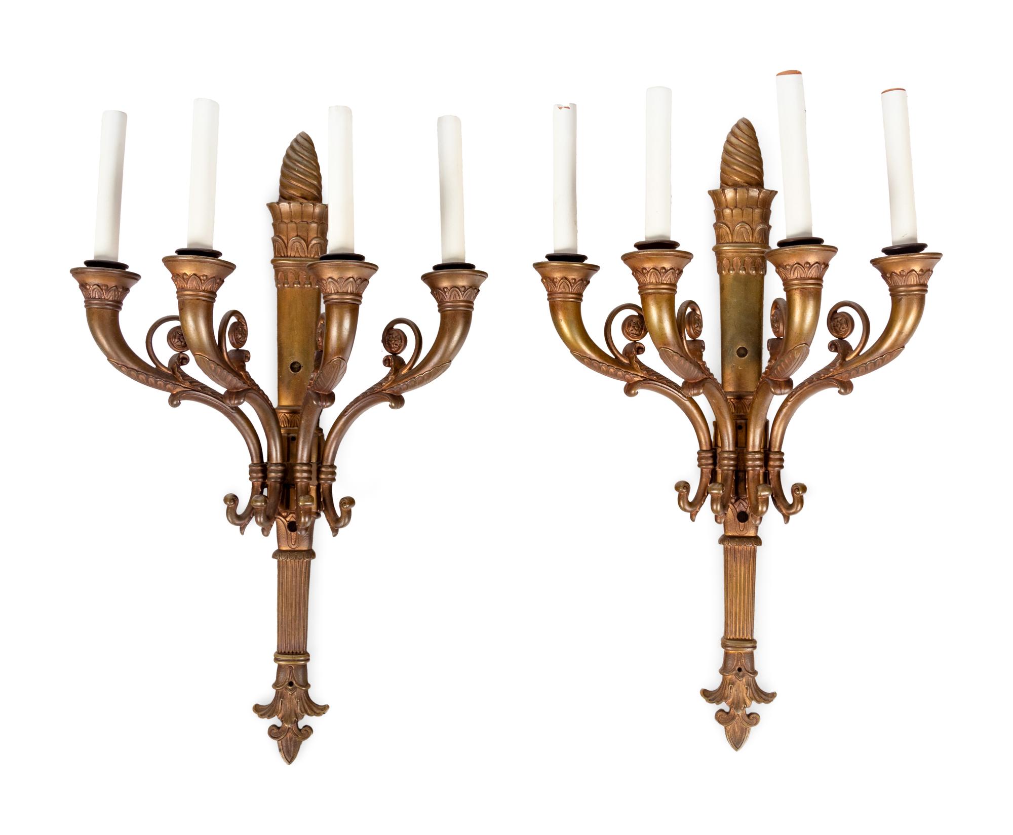 A Pair of Empire Style Gilt Bronze Four-Light Sconces